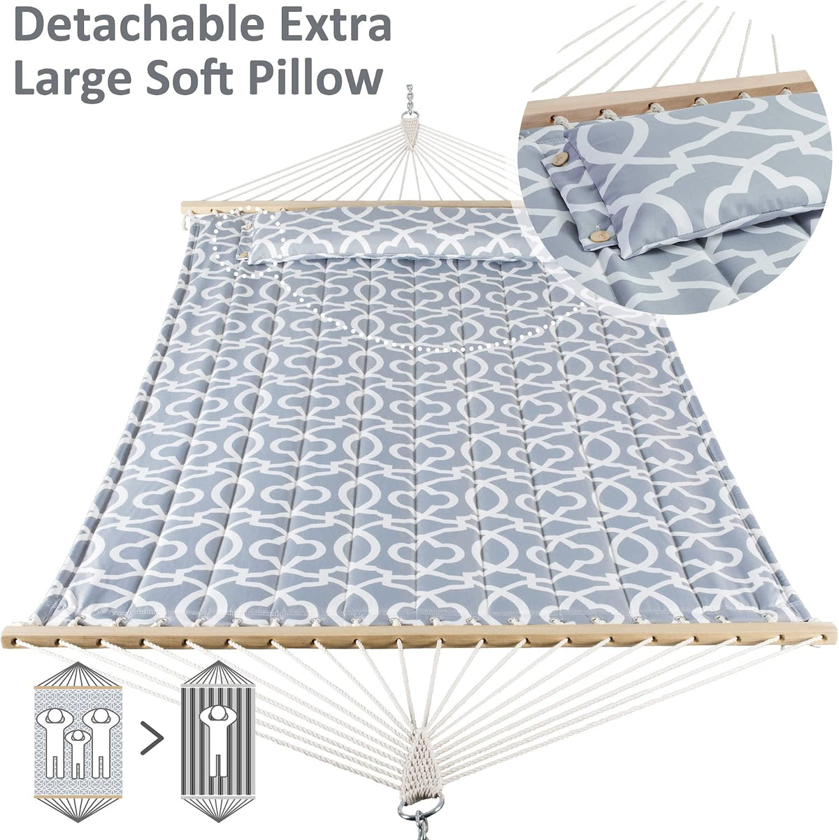 Top-down view of grey patterned quilted hammock showing detachable head pillow and hardwood spreader bar