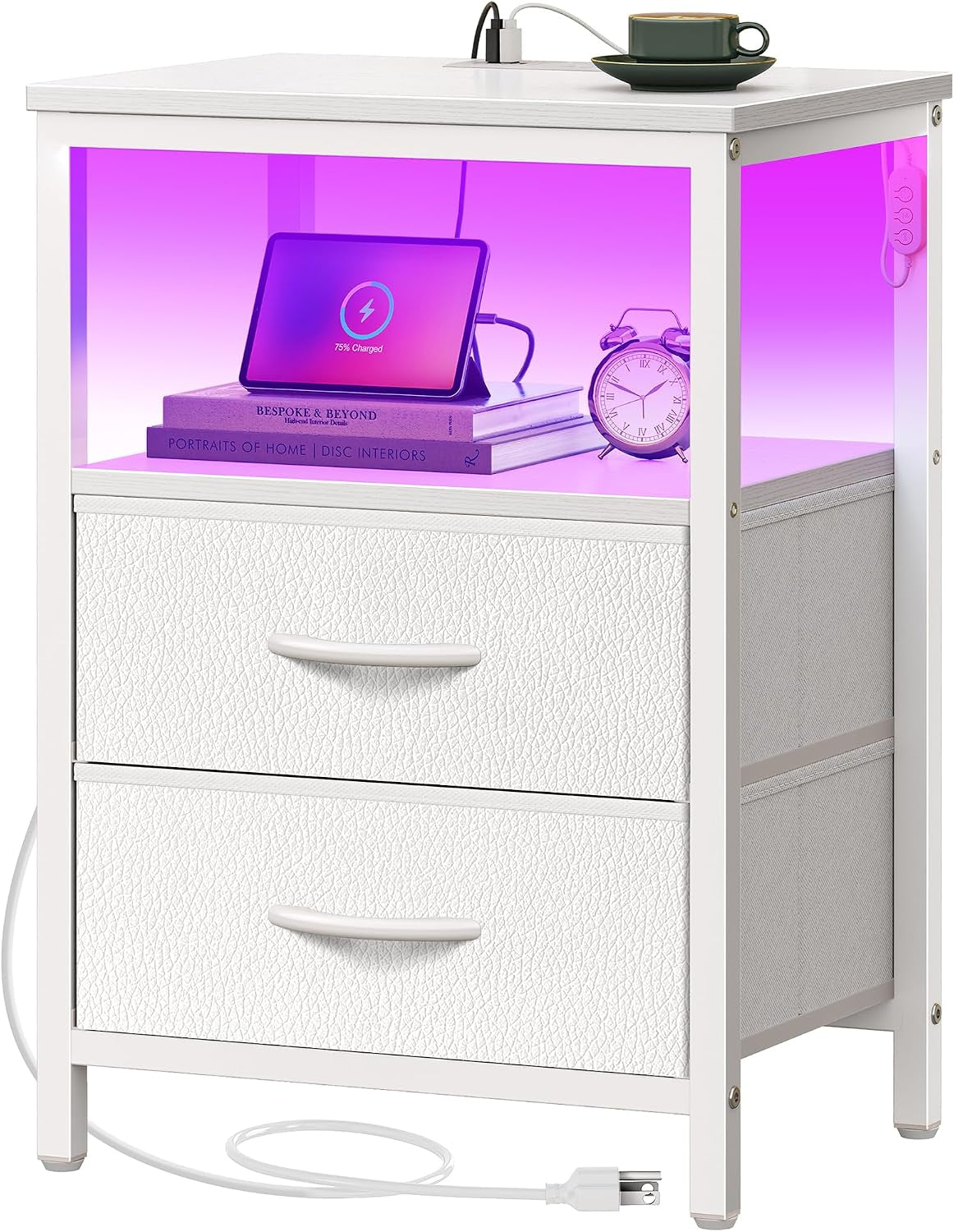 White nightstand showing purpleLED-lit open shelf, two fabric drawers with textured fronts, top cup and cord.
