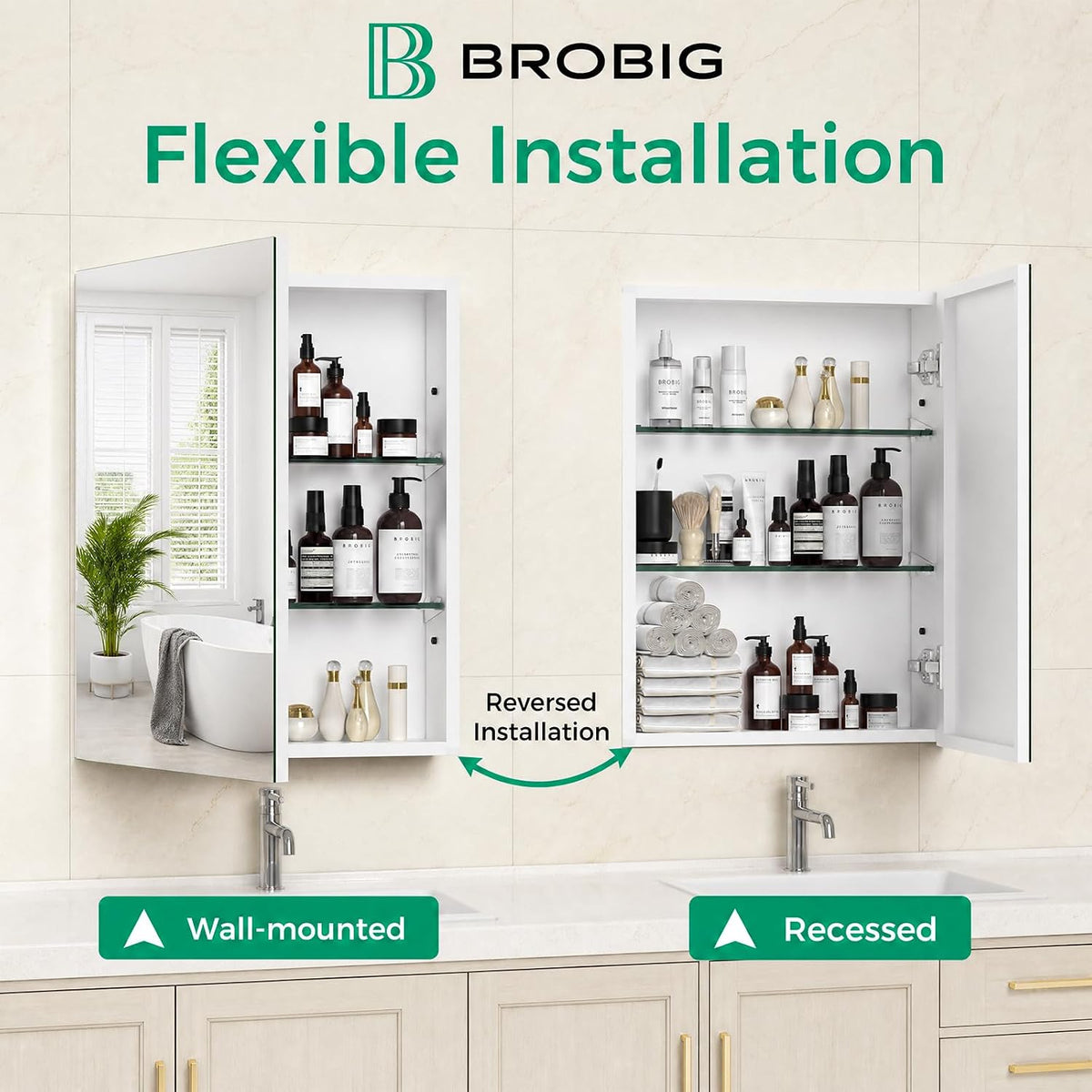 Two cabinets shown open to display internal adjustable shelves and reversible recessed or wall-mounted installation