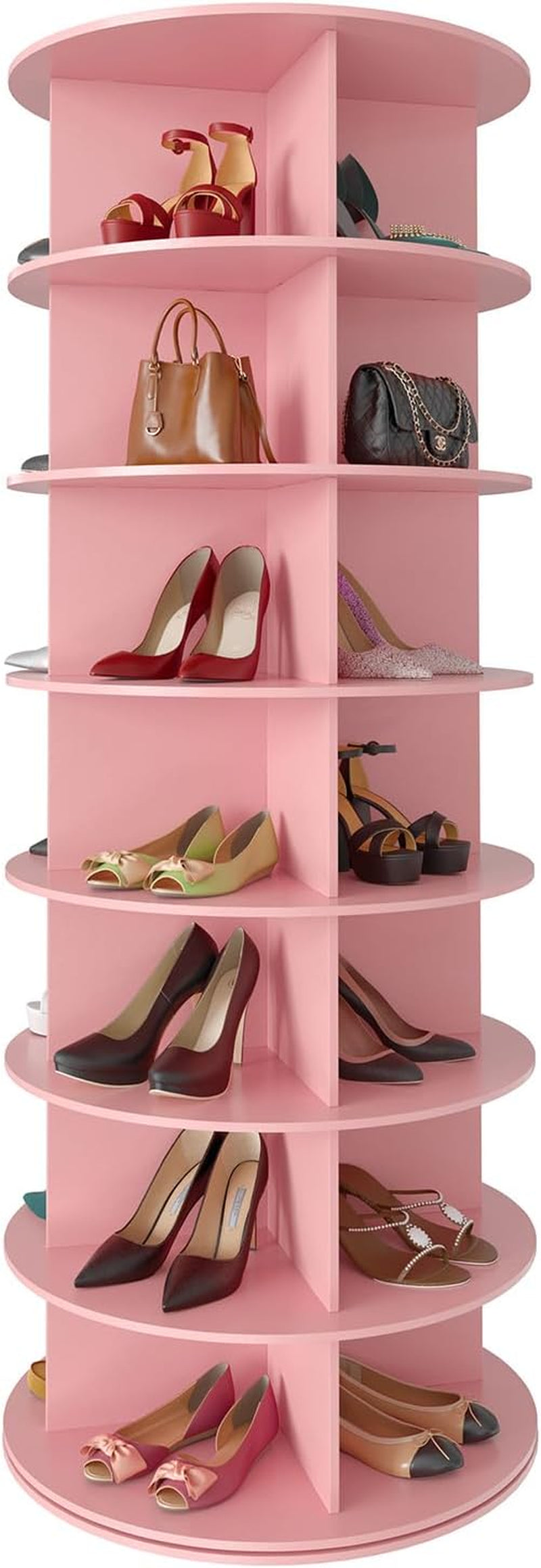 Straight-on view of the pink rotating shoe tower with stacked circular shelves holding heels and sandals.