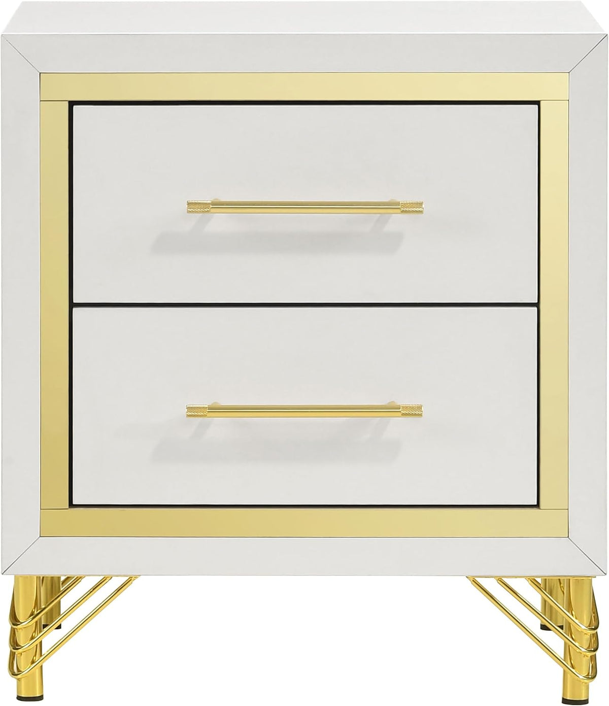 Front view of white two-drawer nightstand with gold trim and horizontal bar handles