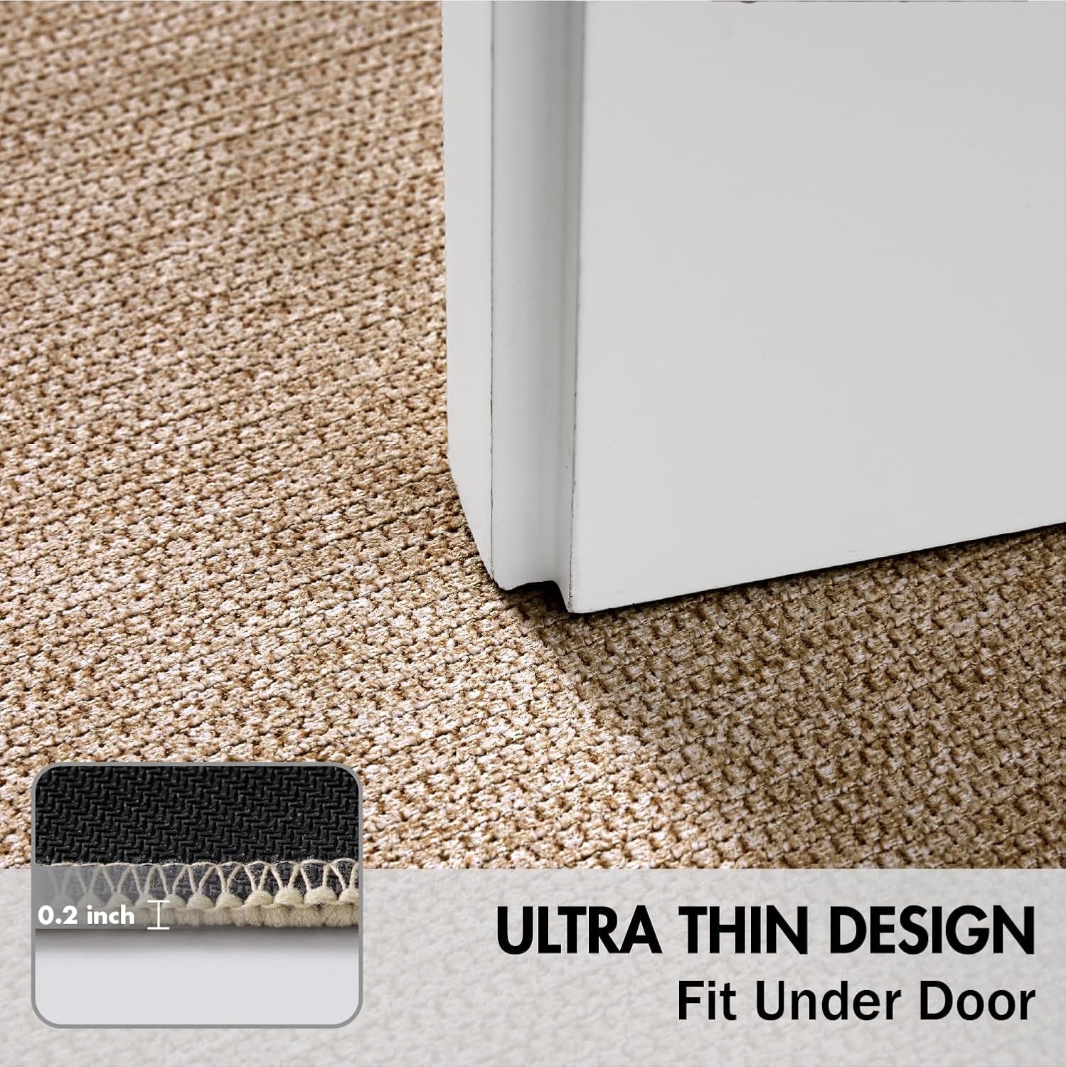 Close-up of beige rug texture tucked under a white door edge to show low profile.