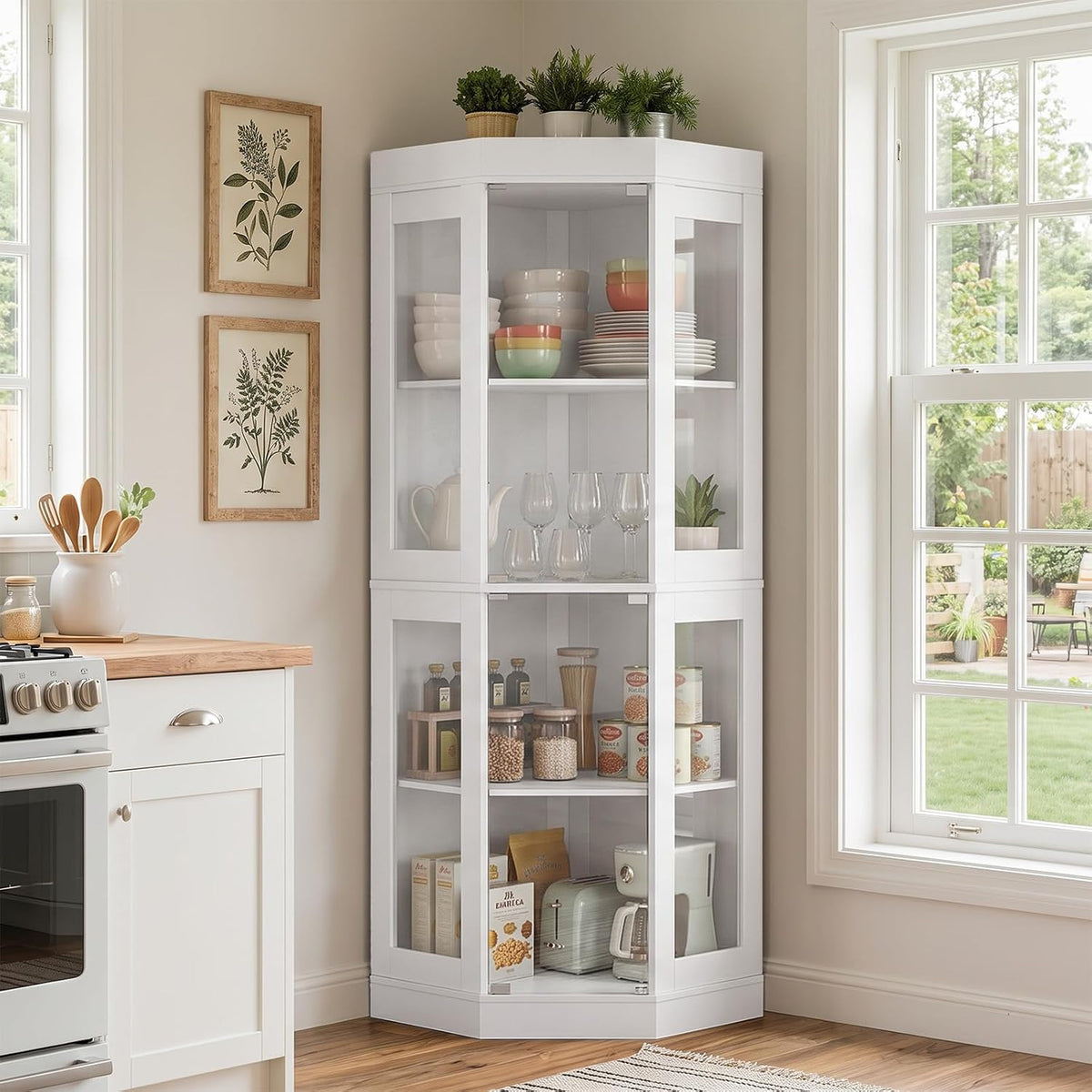 Tall corner glass-front cabinet painted white, displayed in a bright kitchen beside a window.