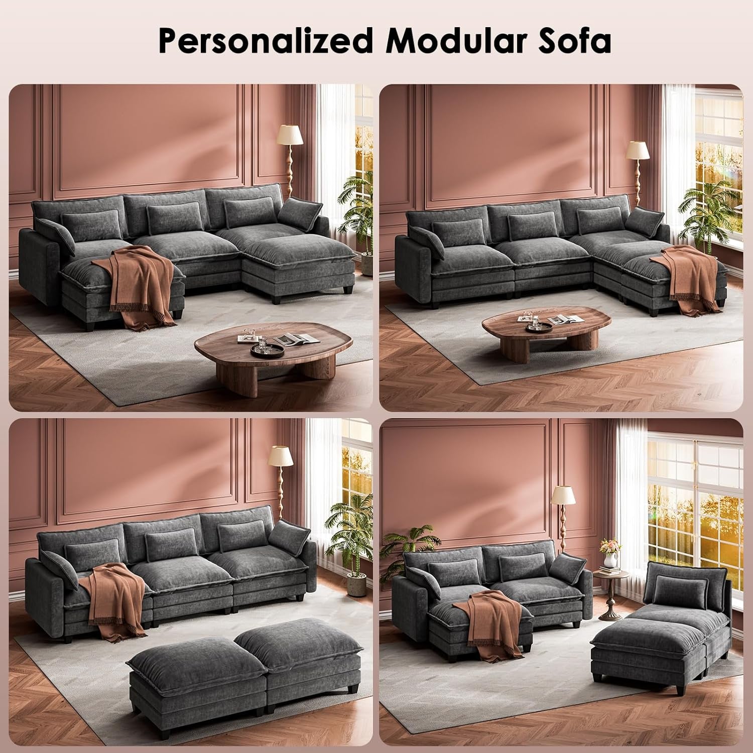 Modular Sectional Sofa 110.6" U-Shaped Modern Comfy Cloud Couch, 5-Seat Chenille Deep Seat Sofa with Throw Pillow & Movable Ottoman for Living Room, Bedroom and Apartment, Slate Gray