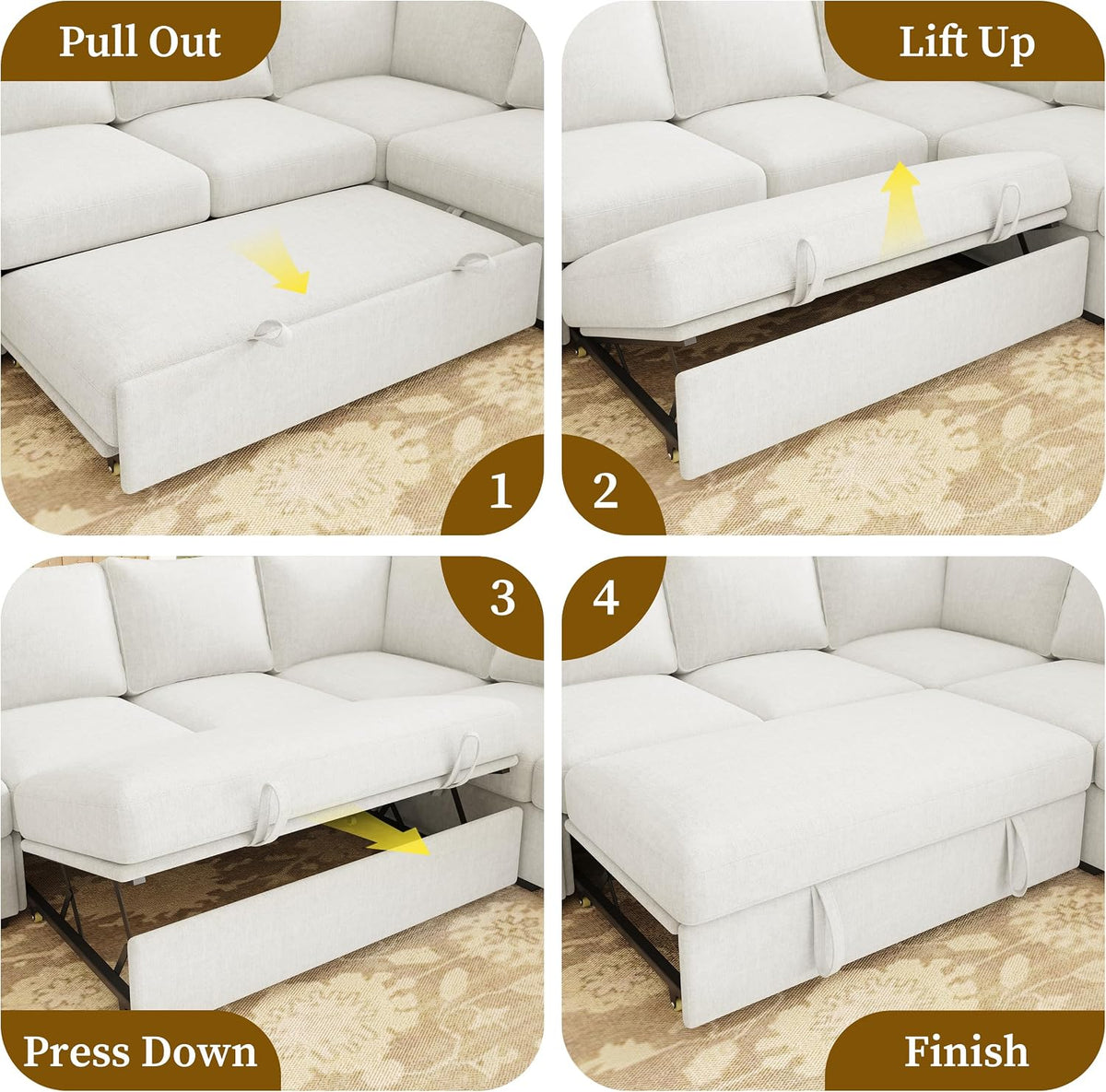 Four-panel close-up of step-by-step pull-out, lift-up, press-down, and finished sleeper setup on the ottoman piece.
