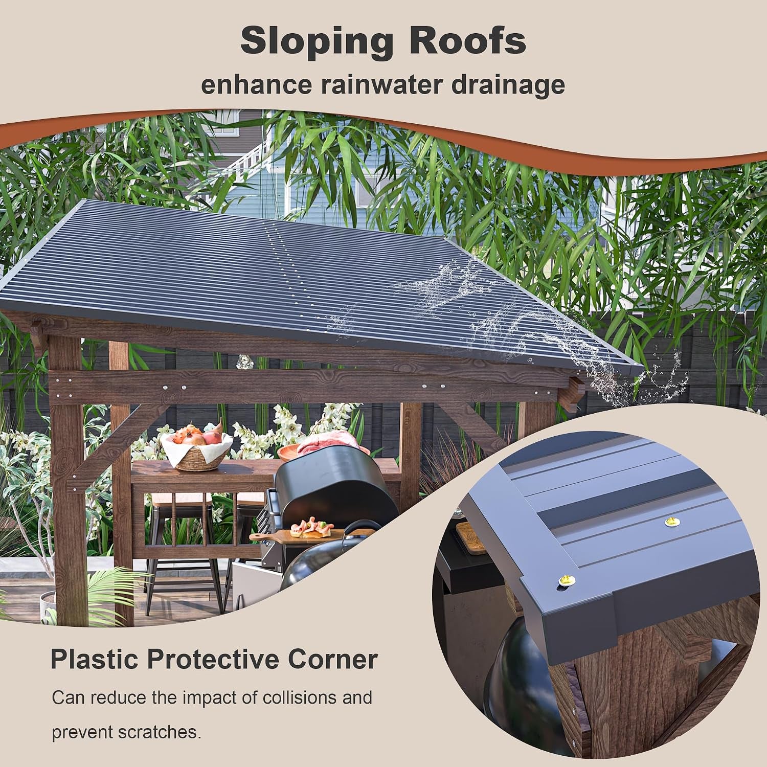 Close-up of the sloping galvanized metal roof with plastic protective corner over the wooden frame