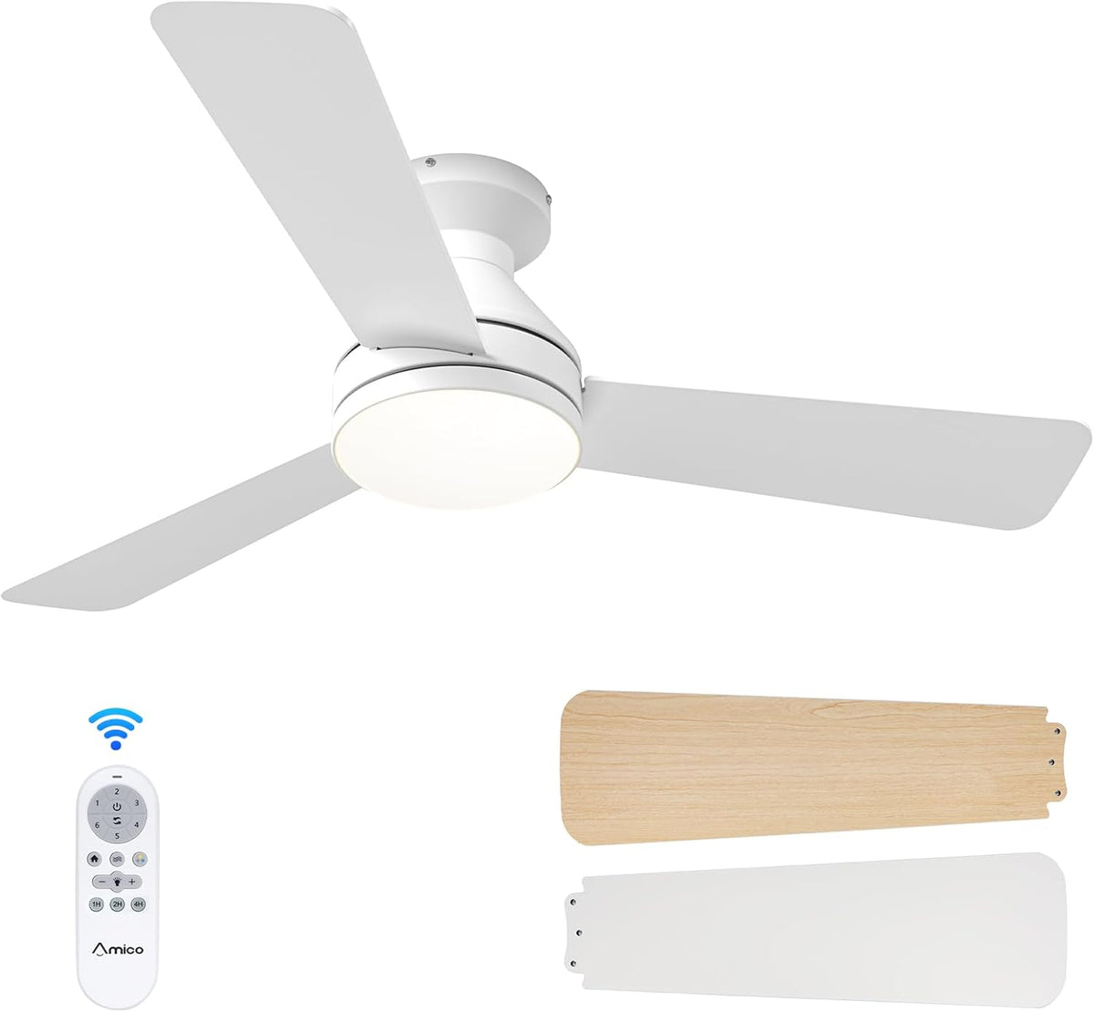 Low-angle view of a matte white three-blade ceiling fan with illuminated round diffuser, remote and two spare blade panels.