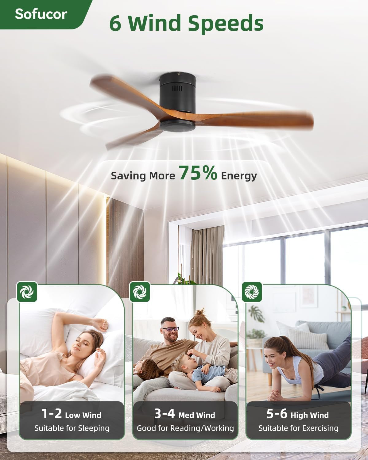 Fan shown spinning overhead with illustrated airflow rays and callouts for six wind speeds and energy savings