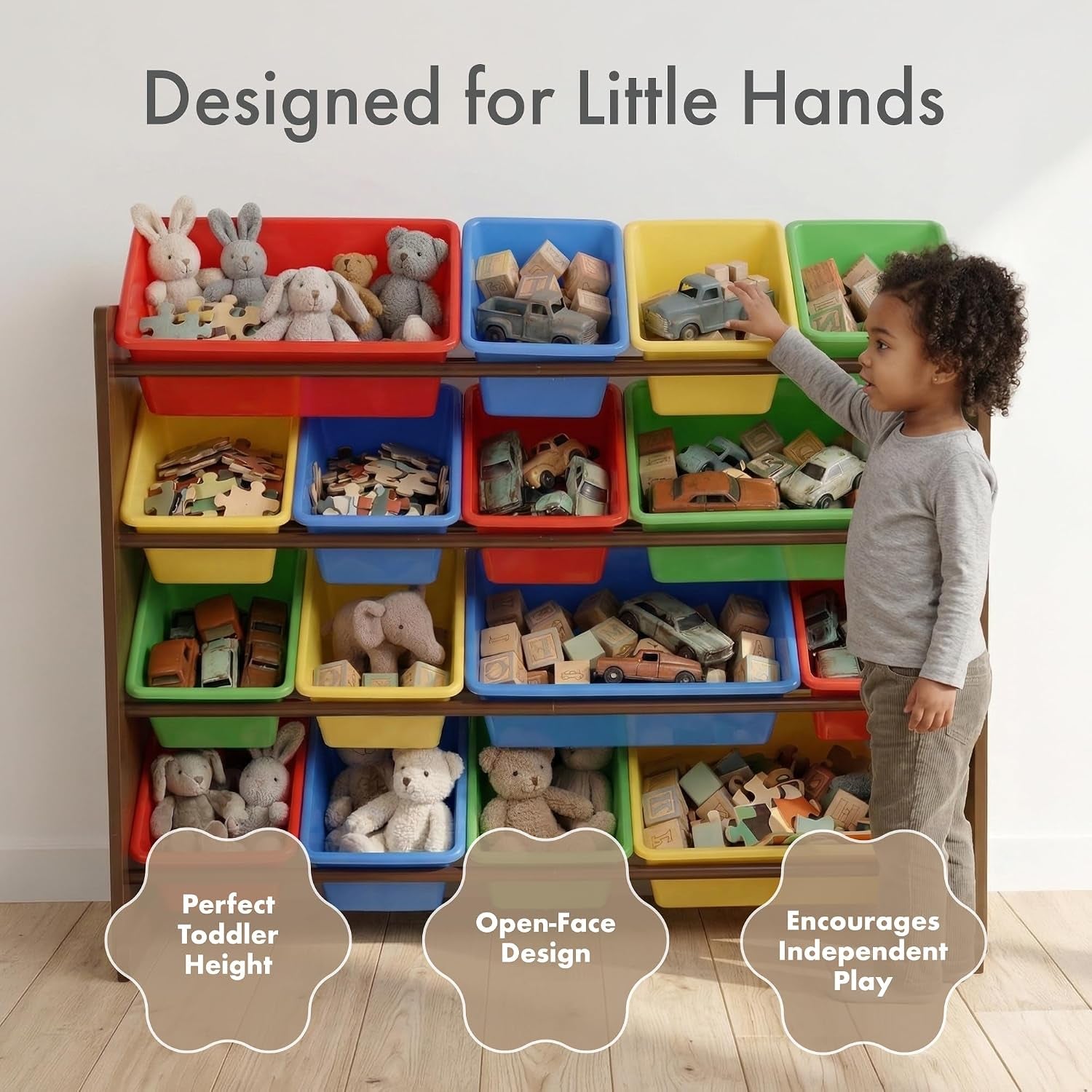 Child reaching into a top bin of the organizer; shelves hold colorful bins filled with toys.