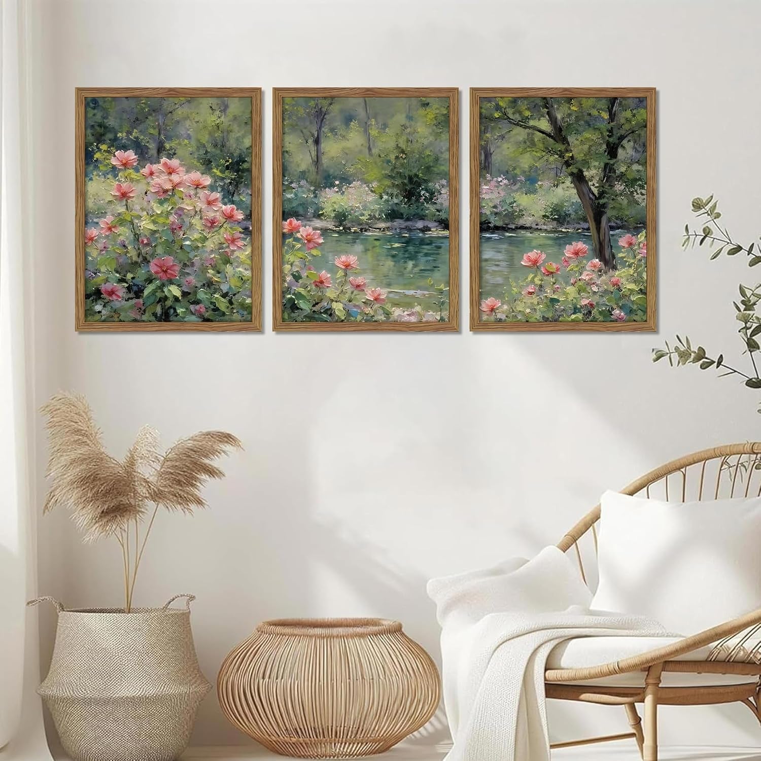 Framed Monet Wall Art Set of 3, Impressionist Botanical Floral Canvas Wall Decor, Vintage Cottagecore Artwork Paintings, Nature Landscape Flowers Prints Pictures for Living Room Bedroom 12x16 Inch