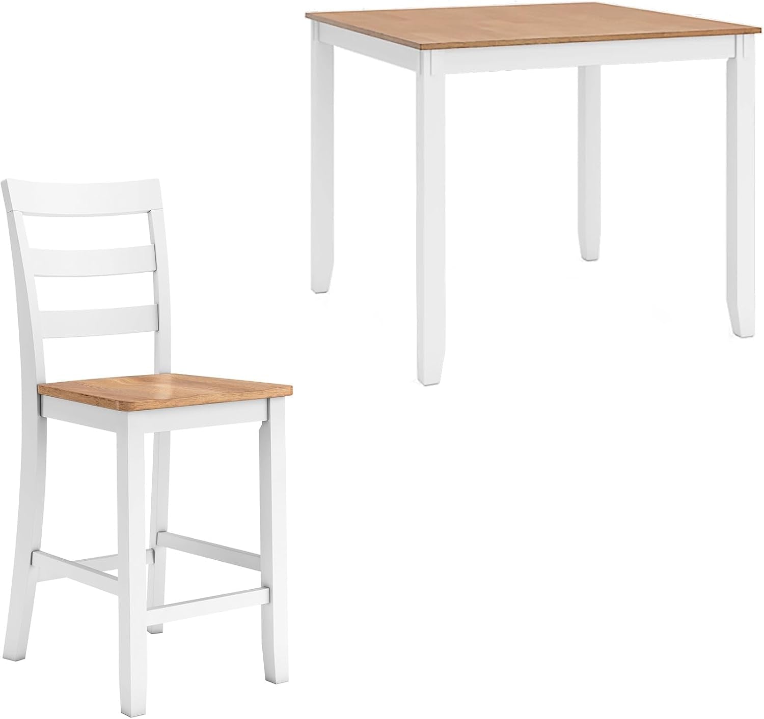 White ladder-back counter chair paired with a white-framed square table, both with natural wood tops.