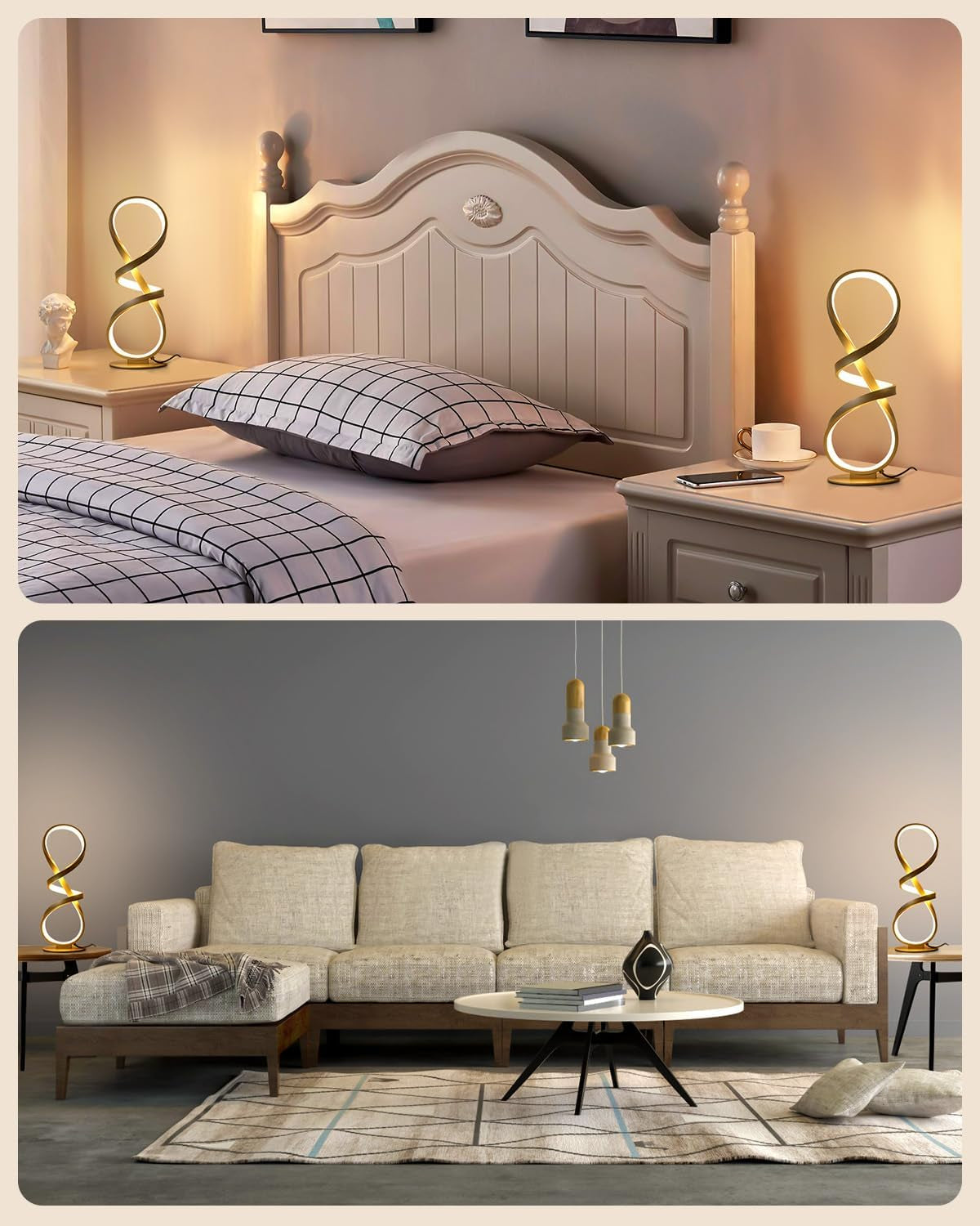 Bedroom scene with two gold spiral lamps on each bedside table flanking a bed with a decorative headboard.
