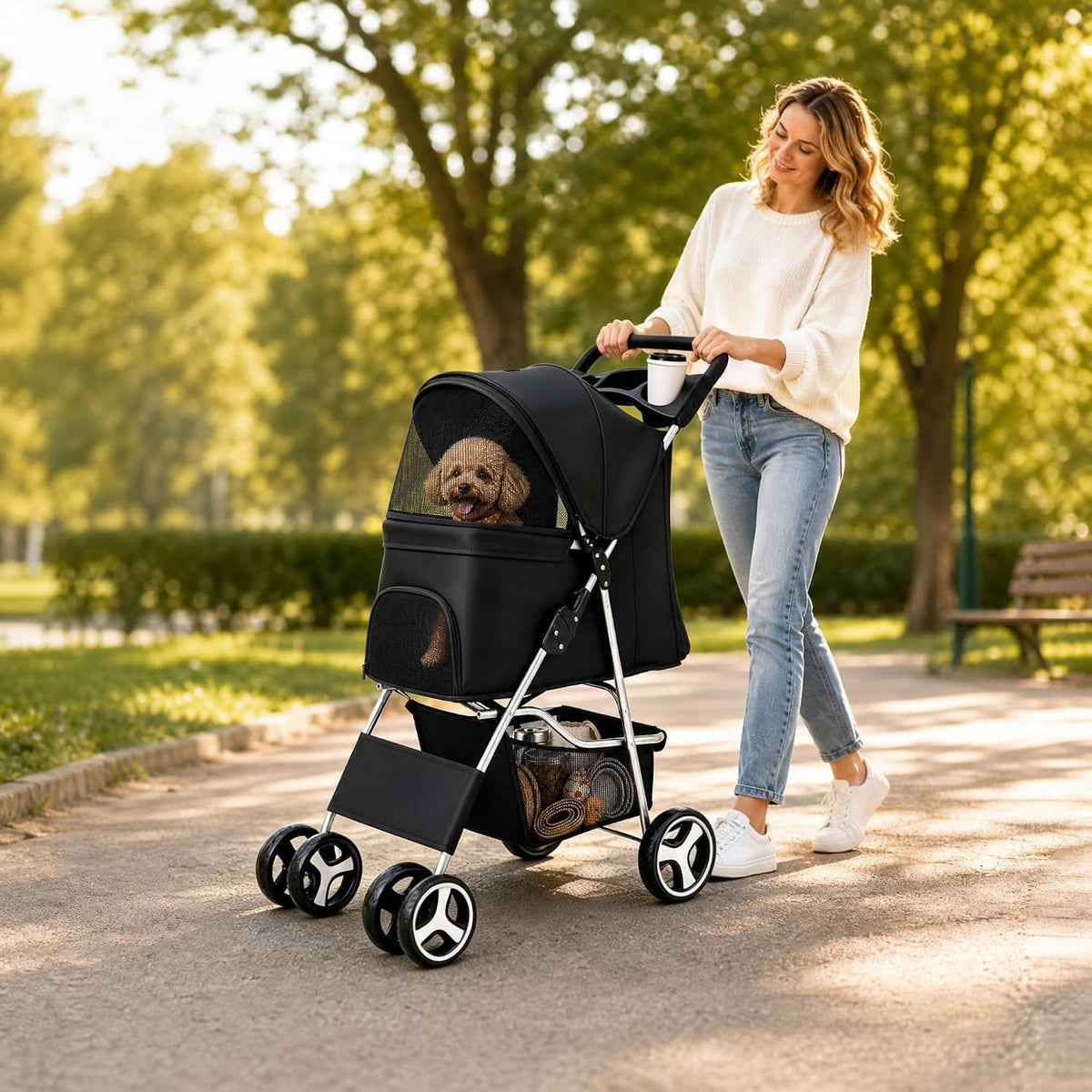 Side view of black pet stroller being pushed on a park path showing mesh windows, handle cup holder and storage basket