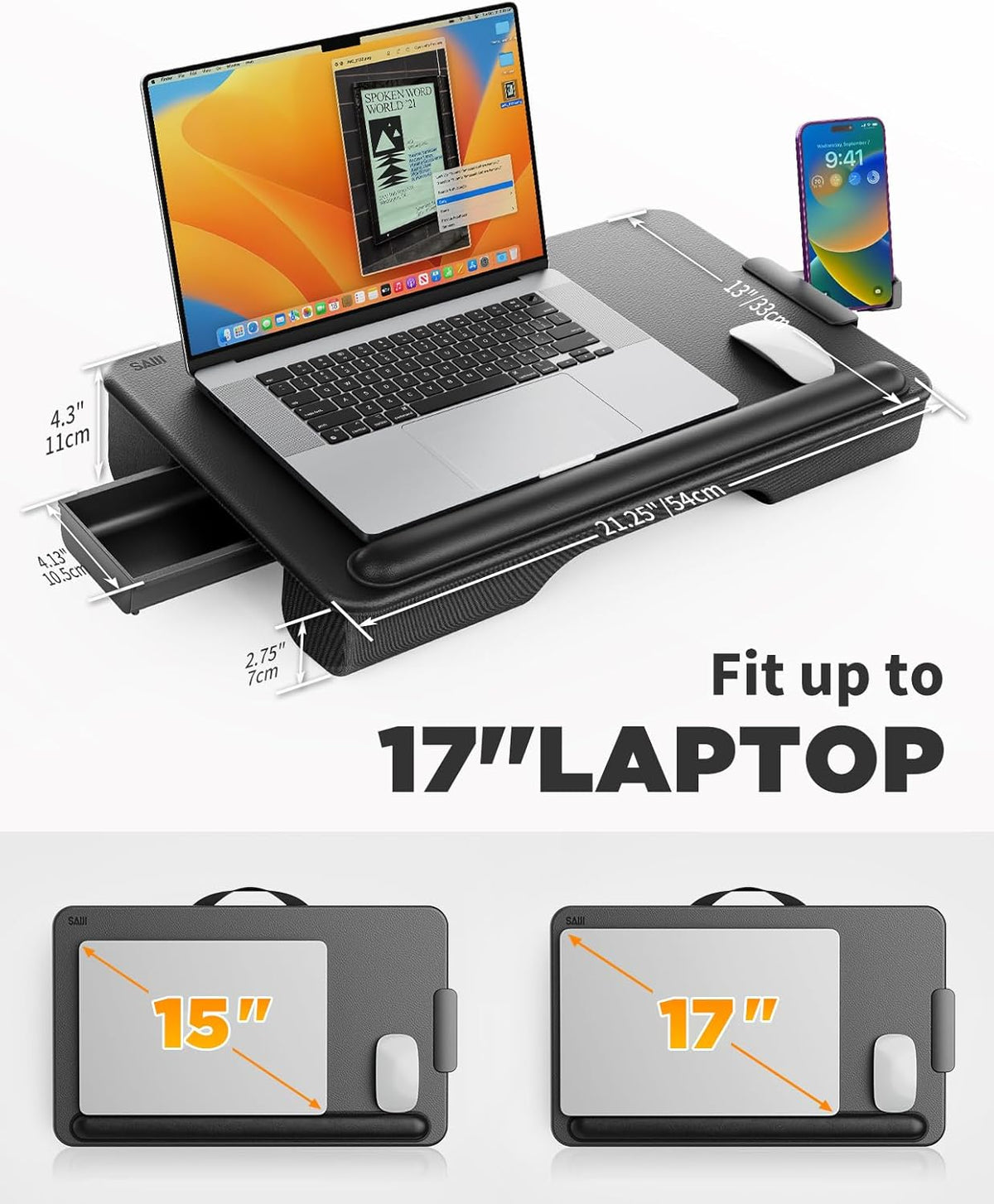 Angled top view of the lap desk with a laptop, mouse, phone in holder and an open storage drawer, shown with measurement