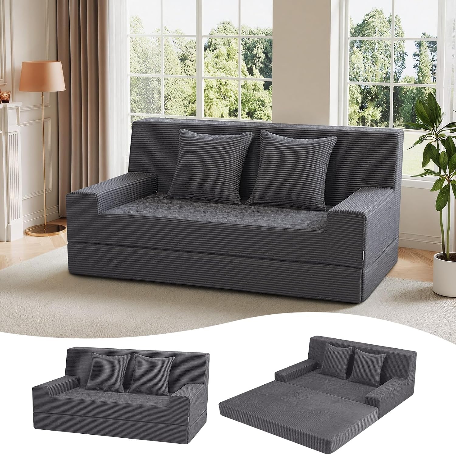 Grey corduroy loveseat sofa bed in a bright living room angled front view with two pillows and folded seat