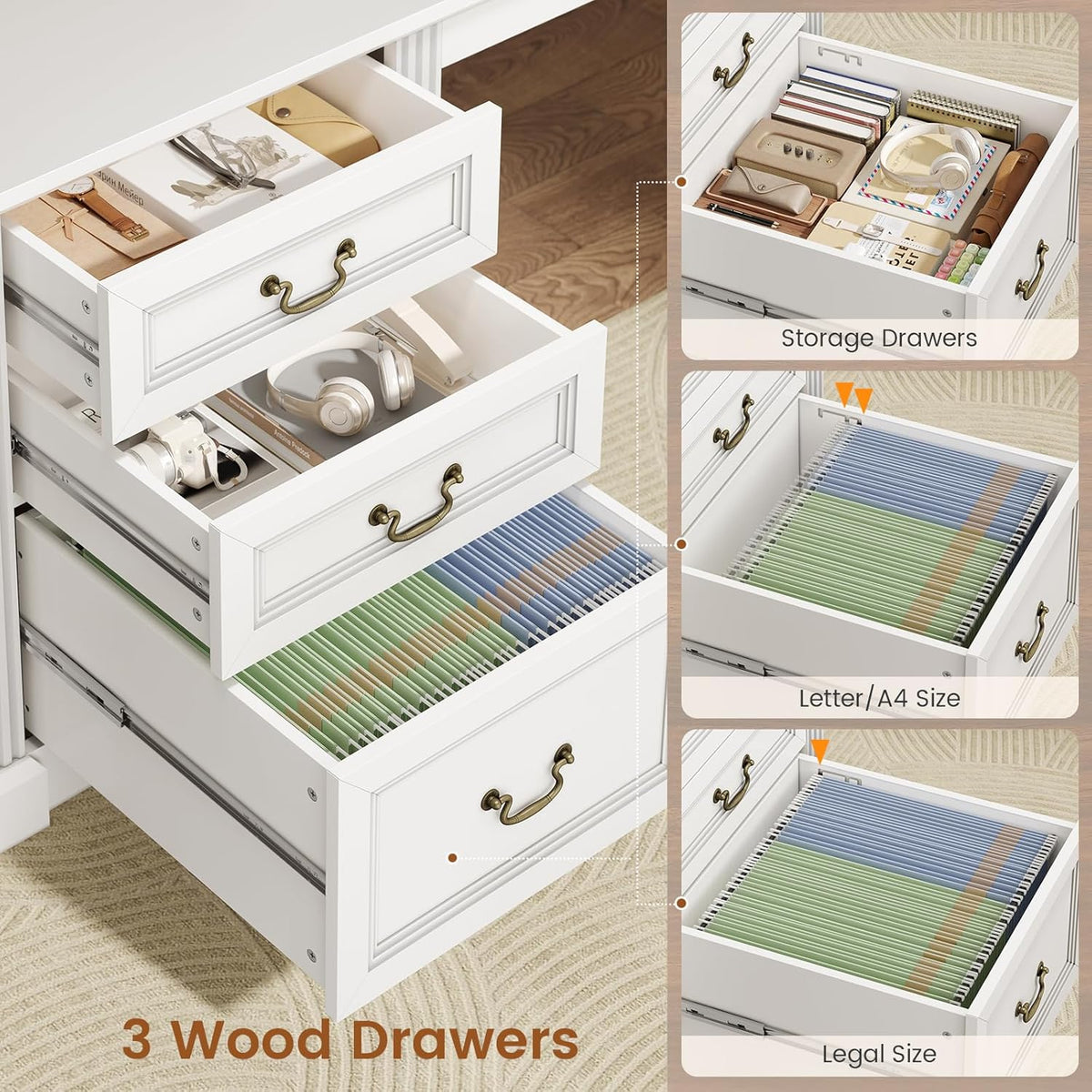 Close view of three white desk drawers, including a wide file drawer