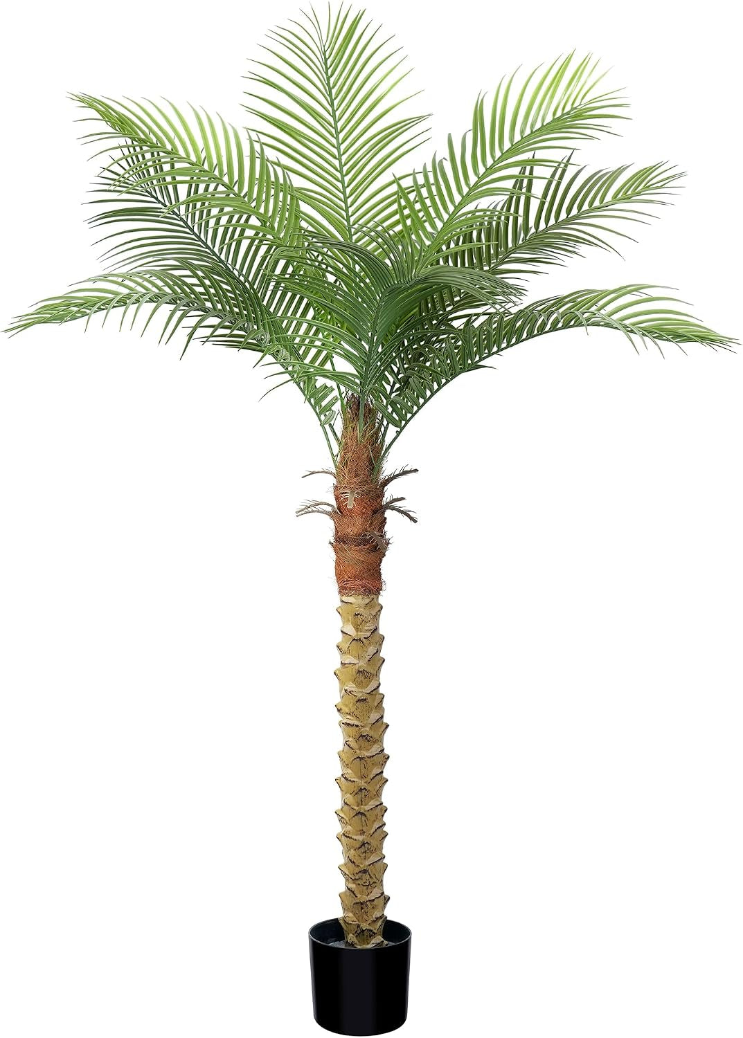 Close-up of a single artificial palm showing the textured trunk base and radiating green fronds at the crown.