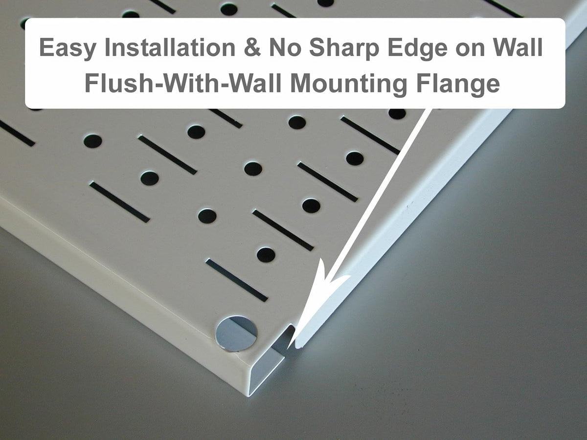 Corner close-up of a white slotted metal panel showing a flush mounting flange and perforations