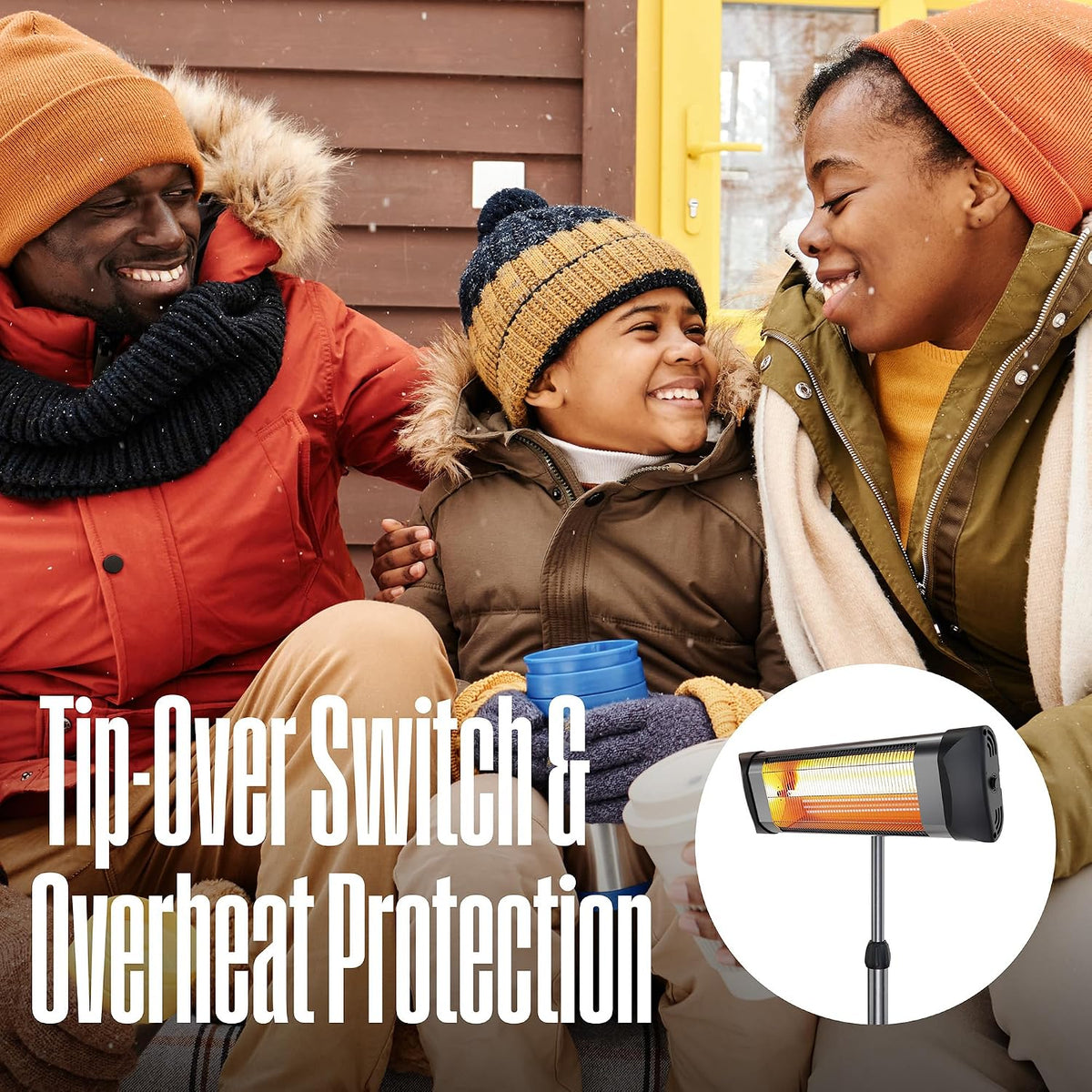 Lifestyle graphic with people and inset of the heater head highlighting tip-over and overheat protection
