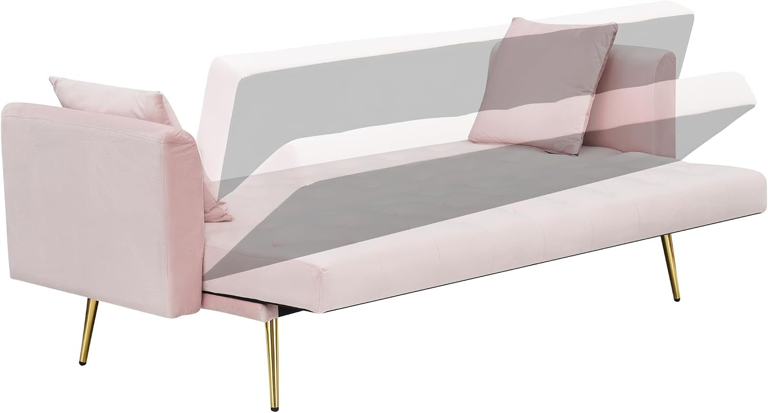 Futon shown reclining with illustrated back positions to demonstrate conversion from sofa to bed