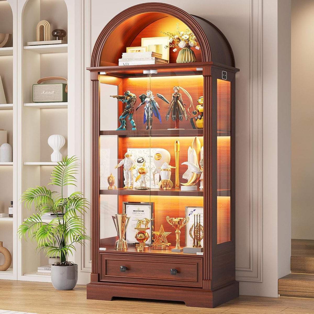 Walnut-finish arched curio cabinet front view with pop-up tempered glass doors and warm interior LED lighting