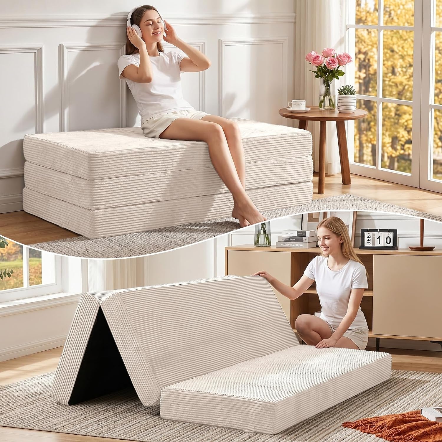 Light beige tri-fold foam mattress shown stacked as a bench by a window and folded into an A-frame on a rug.