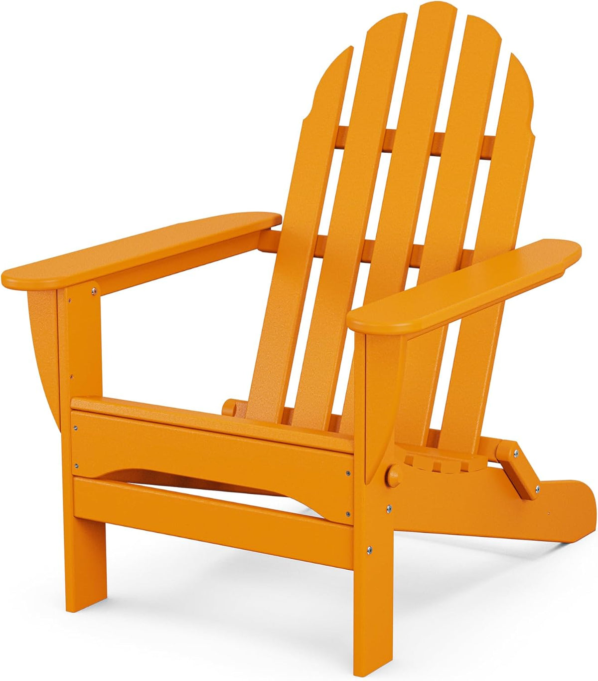 Close angled view of an orange Adirondack chair highlighting the armrest, slatted back, and folding adjustment knob.