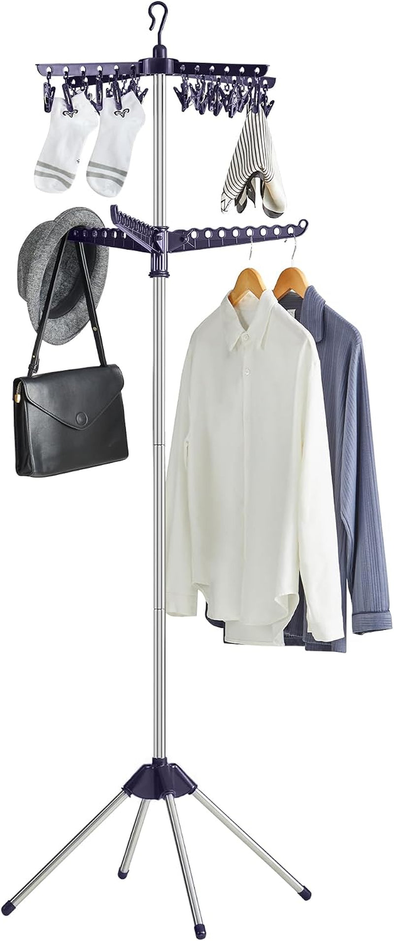 Chrome pole drying rack with purple arms showing clips holding socks, hanging shoes, shirts and a hat with a bag.
