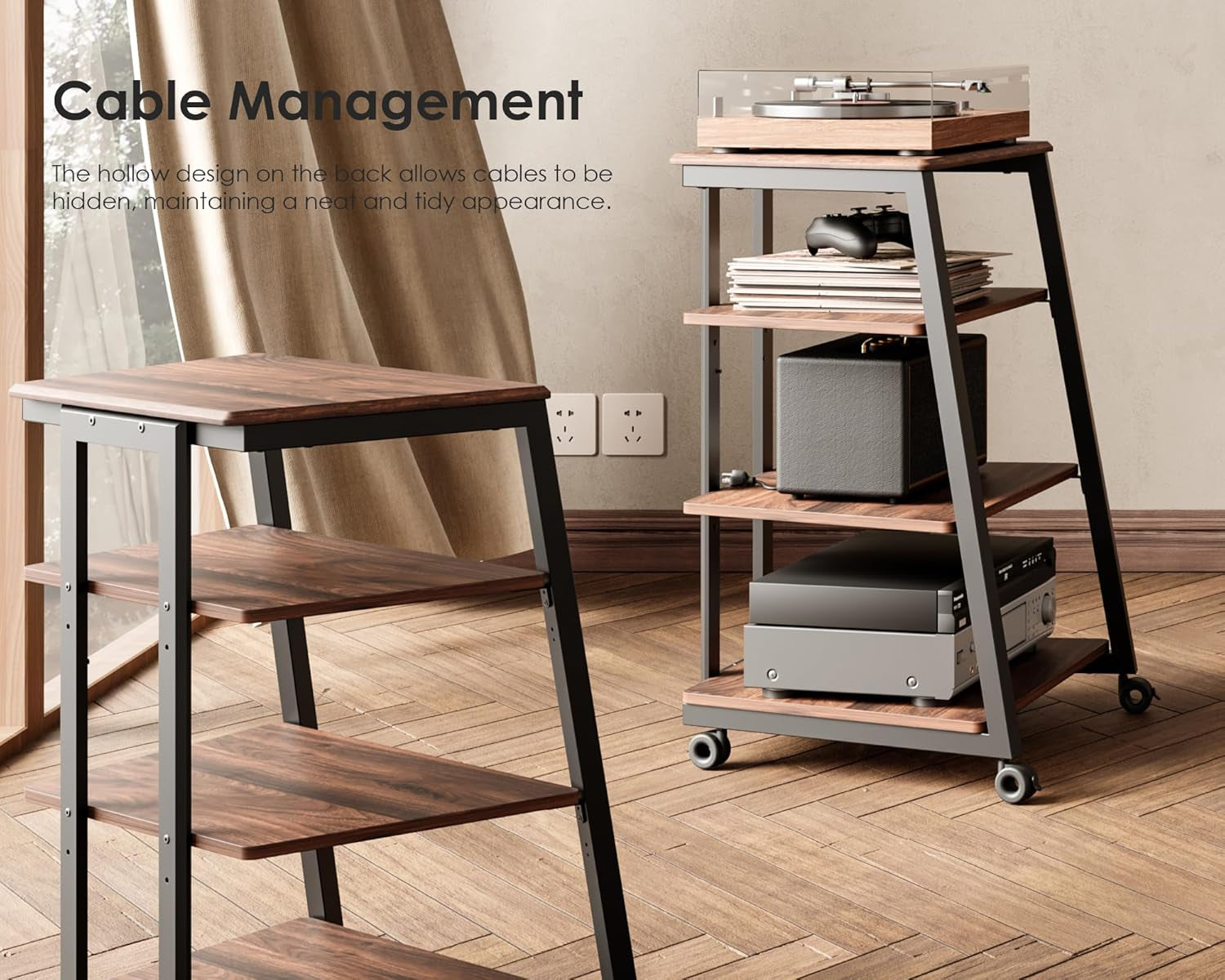 Corner view of walnut-finish stand showing hollow back cable management and optional casters