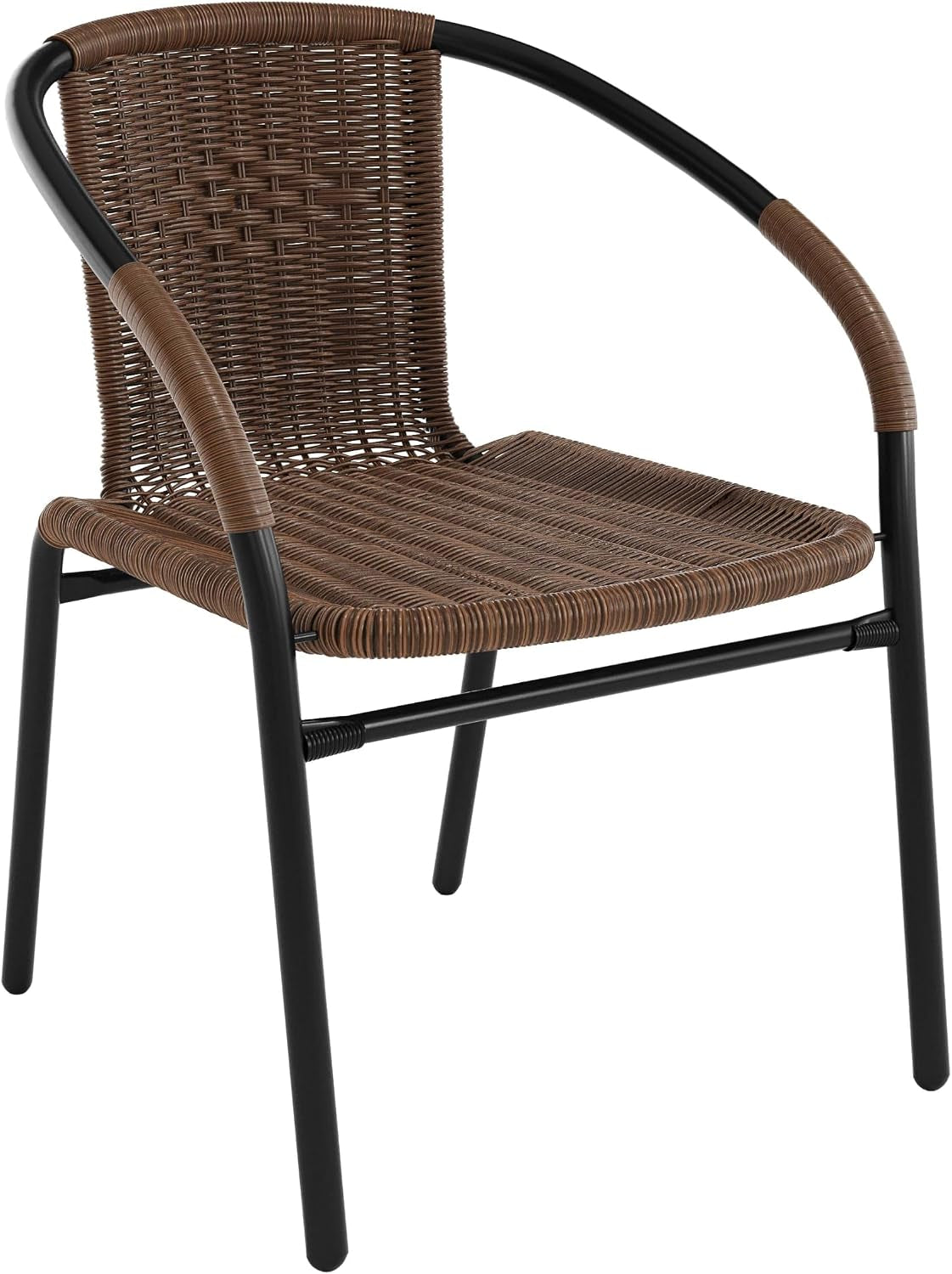 Single brown rattan dining chair angled to show woven back, seat and rounded armrests.