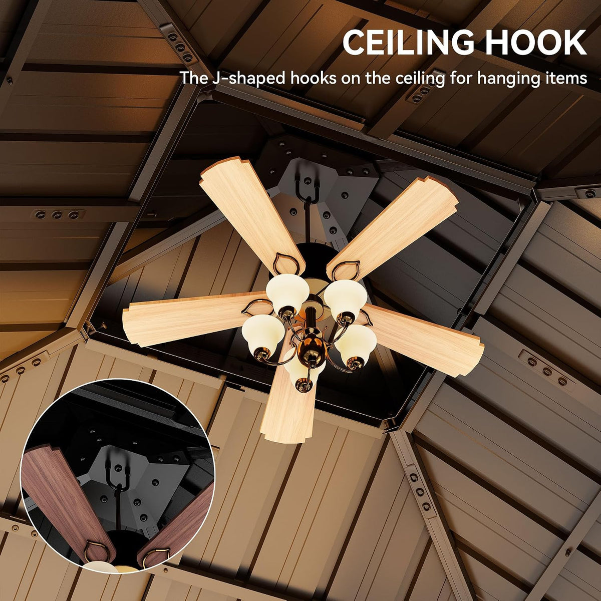 Interior view of gazebo ceiling showing central J-shaped hanging hook and metal roof panels