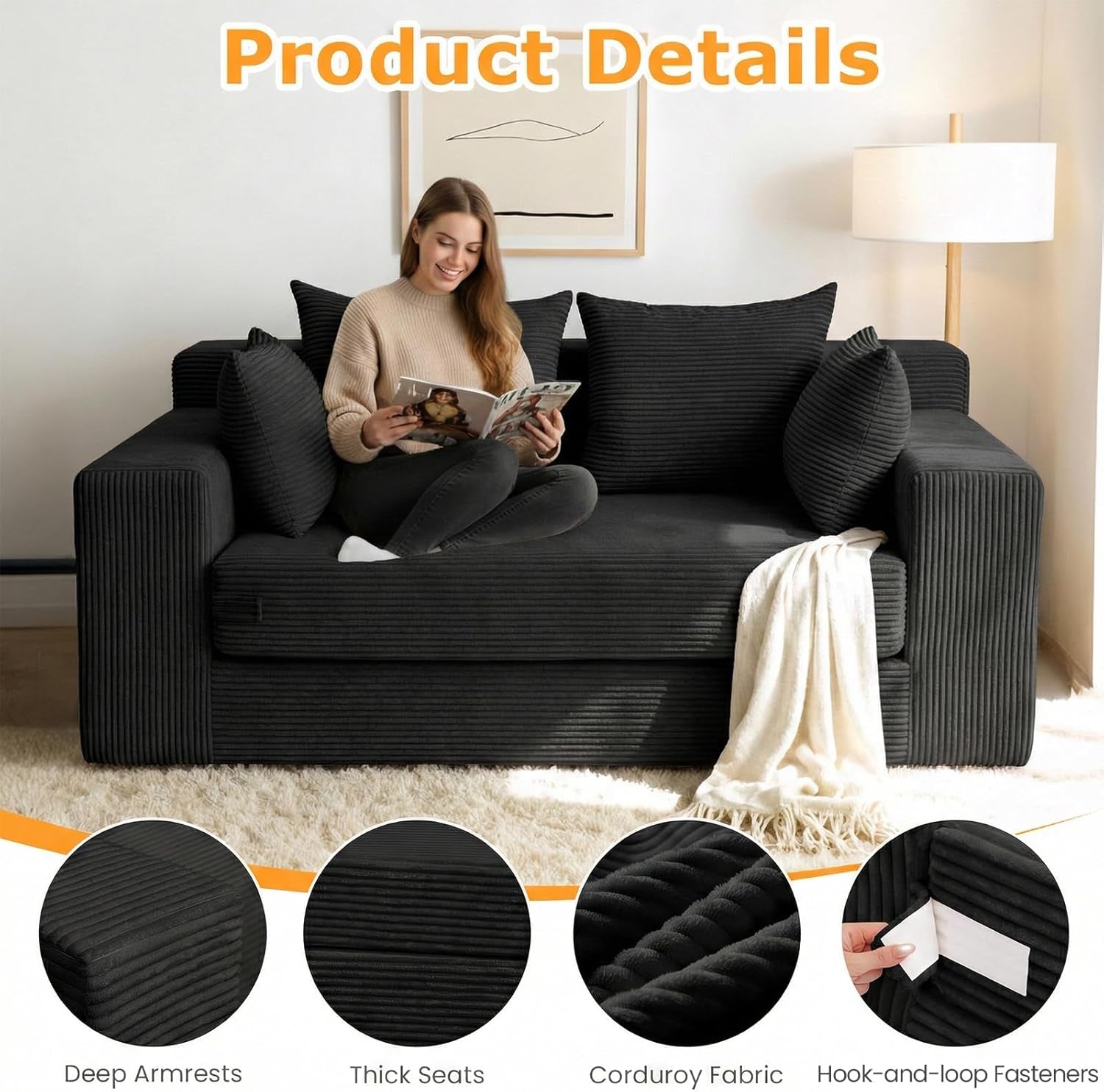 55" Small Boneless Couch, 3-In-1 Boneless Loveseat Sleeper Sofa Bed Convertible Sofa Bed with 4 Pillows, Black Corduroy Boneless Couch for Living Room, Guest Room, Small Space, No Assembly Required