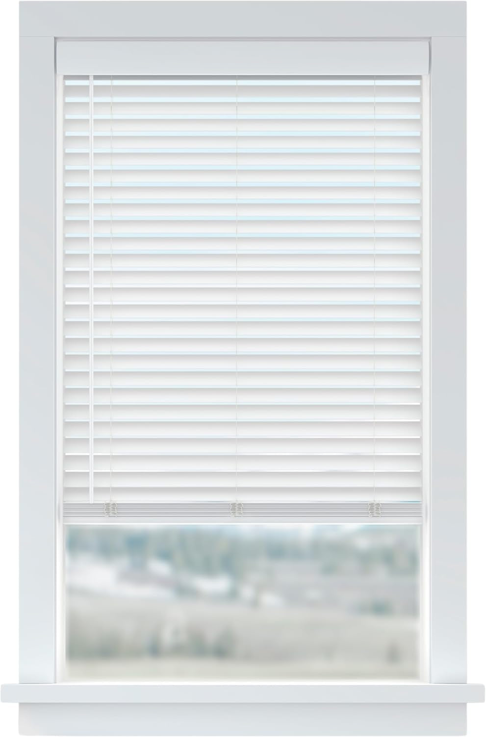 White faux wood blinds with 2-inch slats shown inside a window with closed slats, front view.