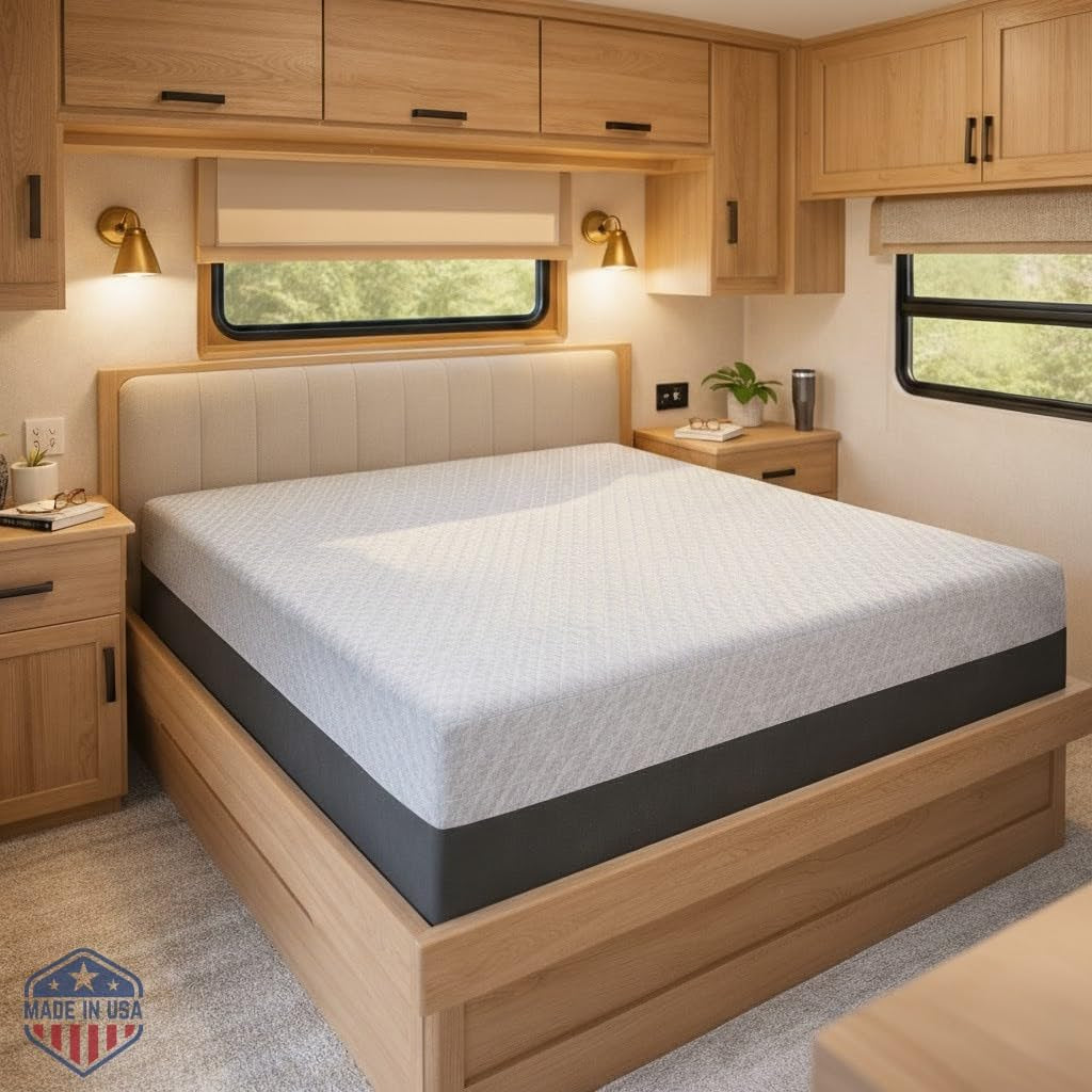 Gray-top RV mattress with dark gray sides on a wood platform in an RV bedroom, angled view