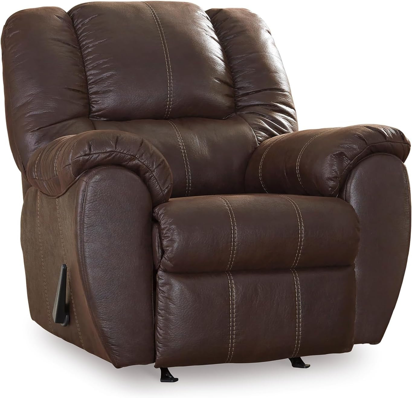 Brown faux leather rocker recliner angled front view showing padded back and pillow-top arms