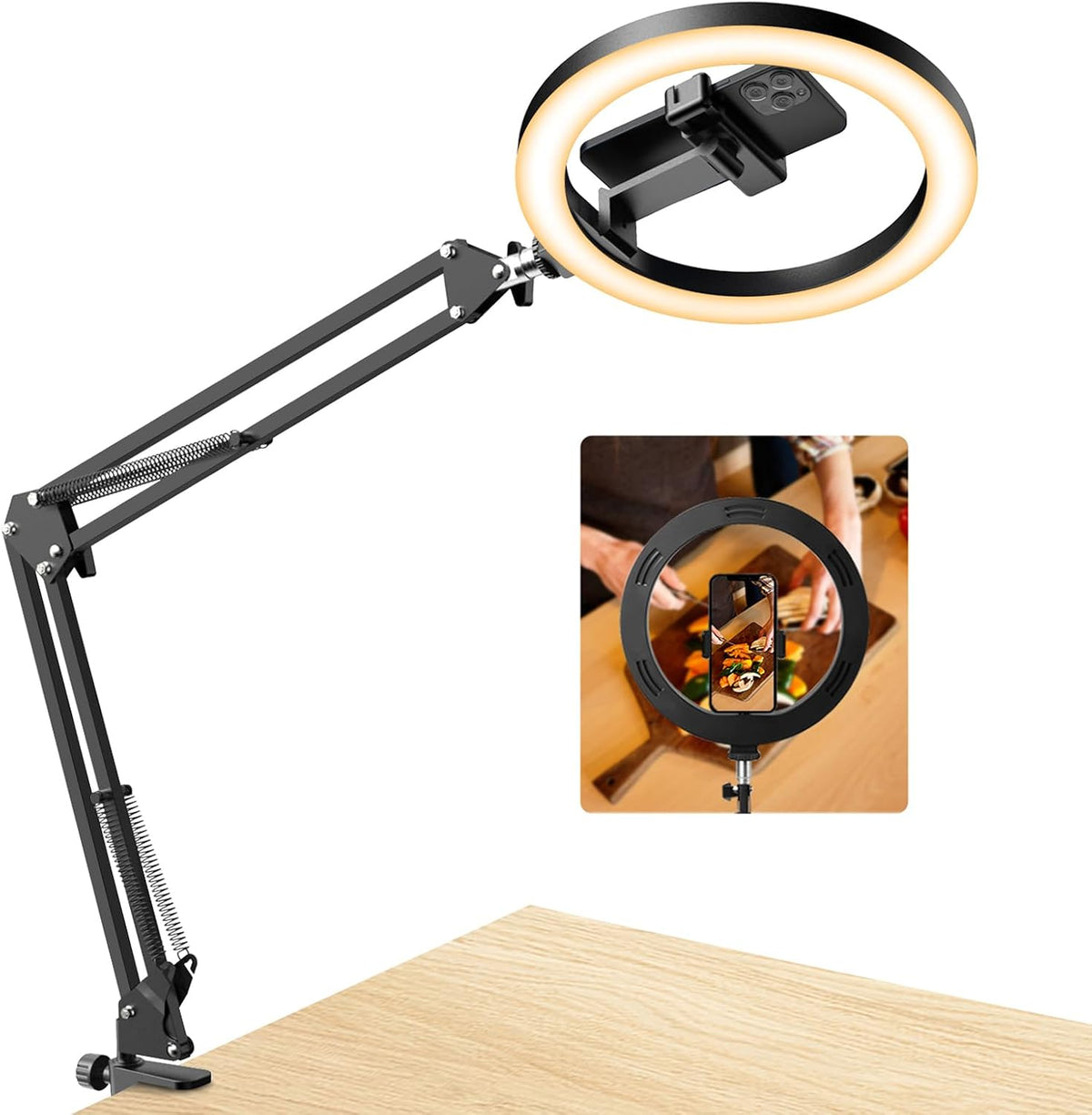 Black ring light and adjustable arm on a white background with a phone held inside the ring