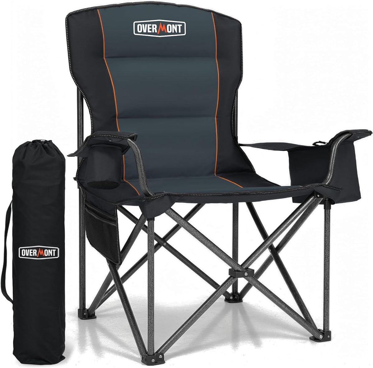 Close-up of a padded camping chair showing cup holder, mesh pocket and carry bag beside it