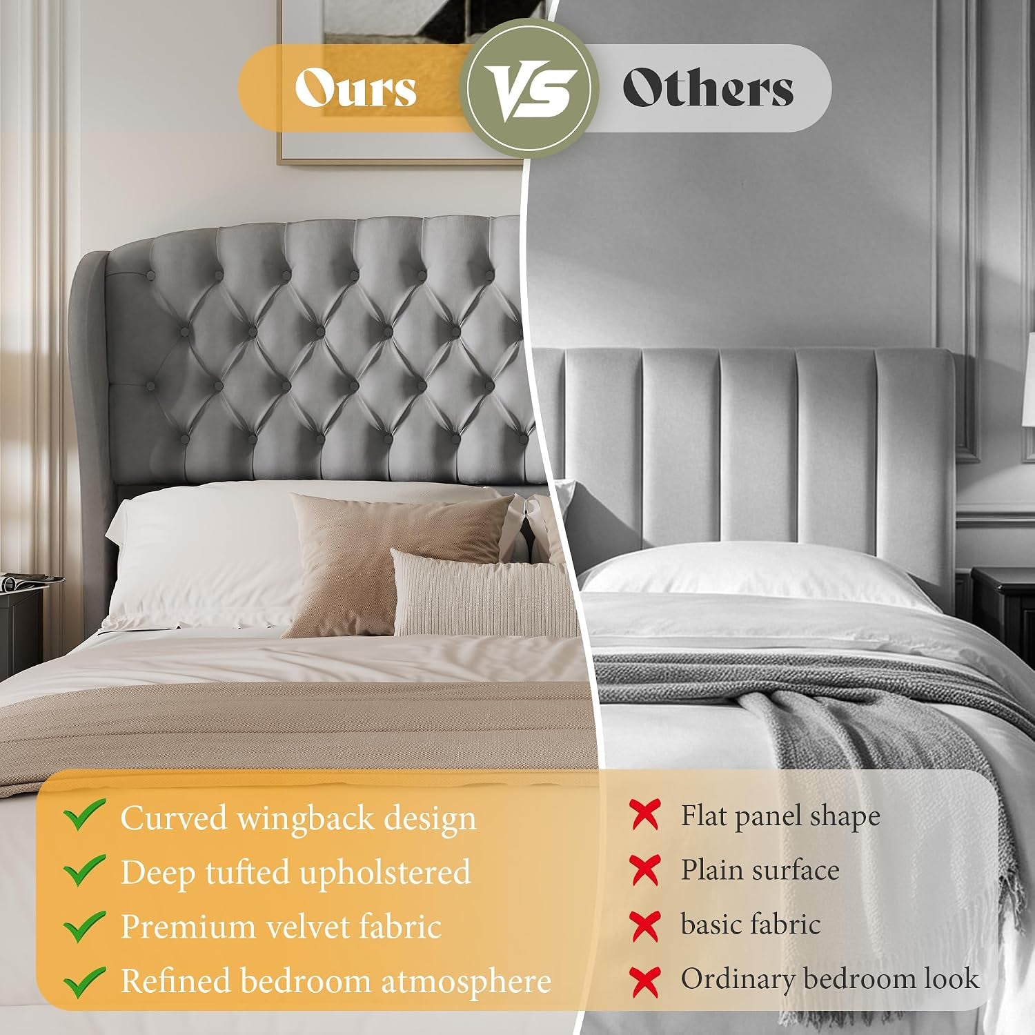 Split image comparing the curved gray tufted wingback headboard to a flat-panel headboard