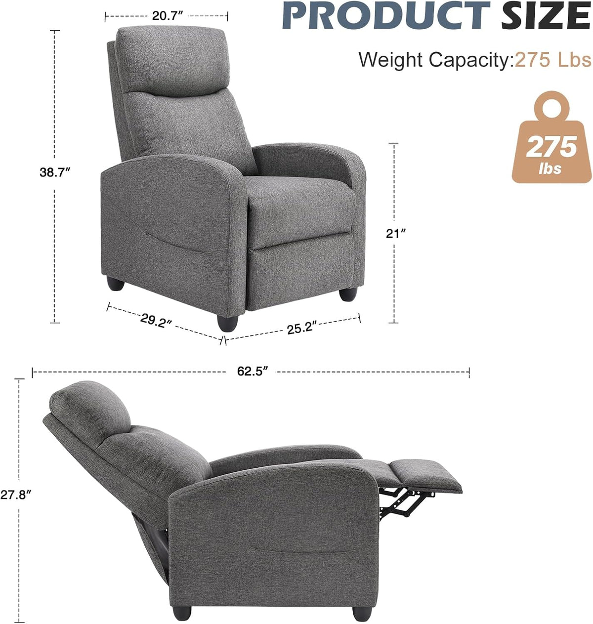 Grey fabric recliner dimension diagram showing front and reclined measurements and 275 lb weight capacity