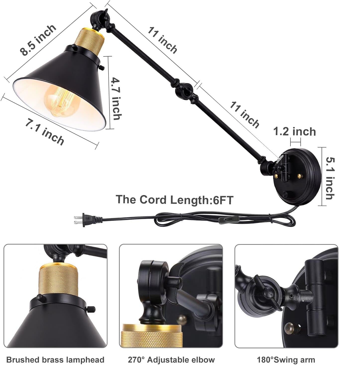 Dimensional diagram showing 8.5" shade, two 11" arms, 5.1" base diameter and 6 ft cord length