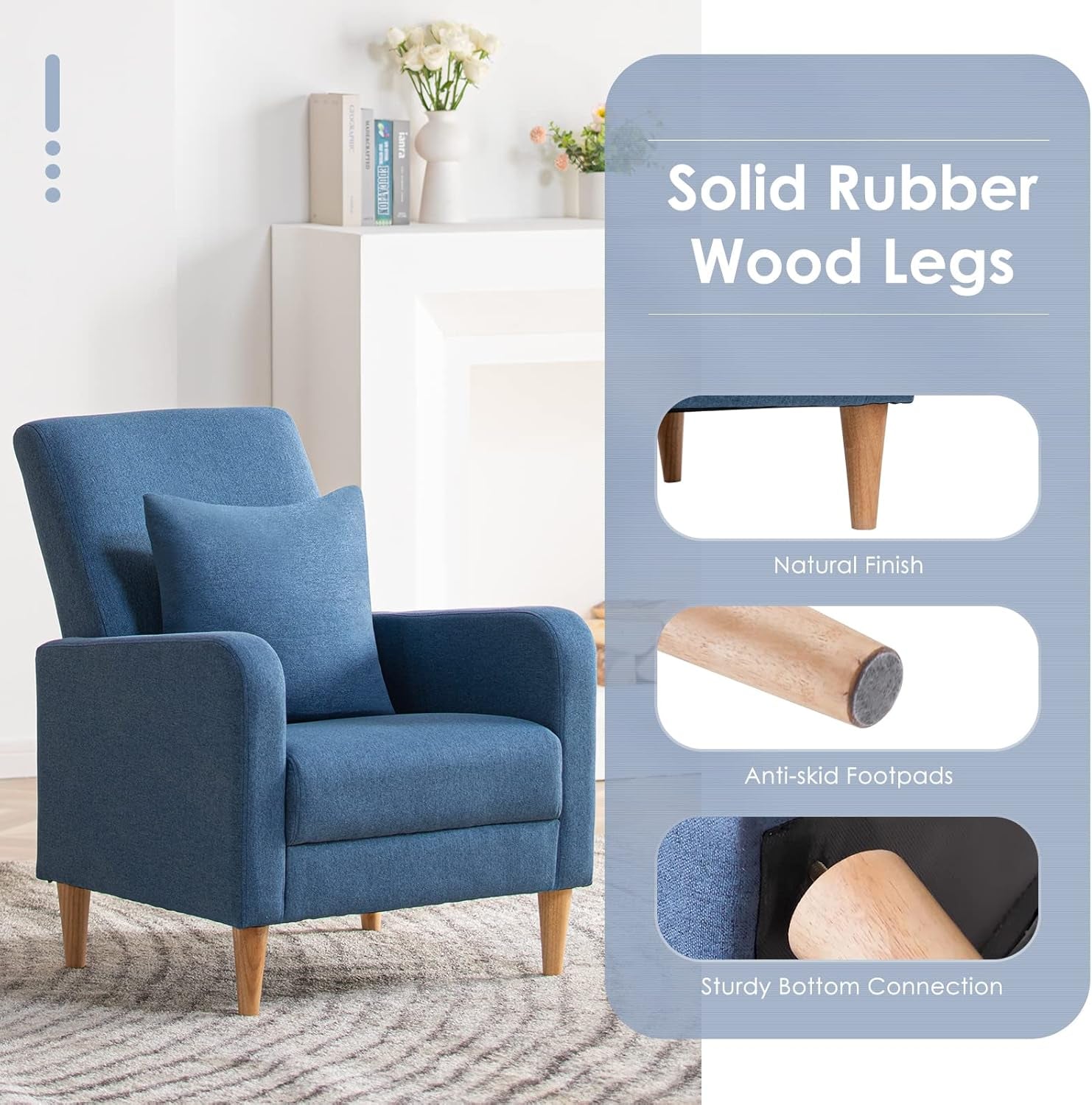 Blue chair shown with removable pillow and inset close-ups of natural wood leg, footpad, and bottom connection.