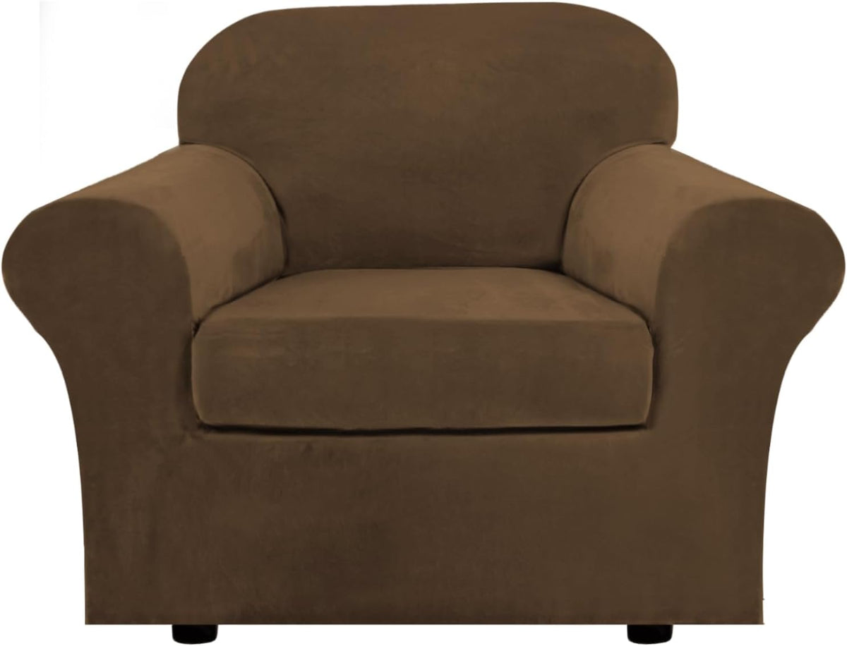Front-facing single-seat armchair in rich brown velvet stretch cover, shown centered on a white background.