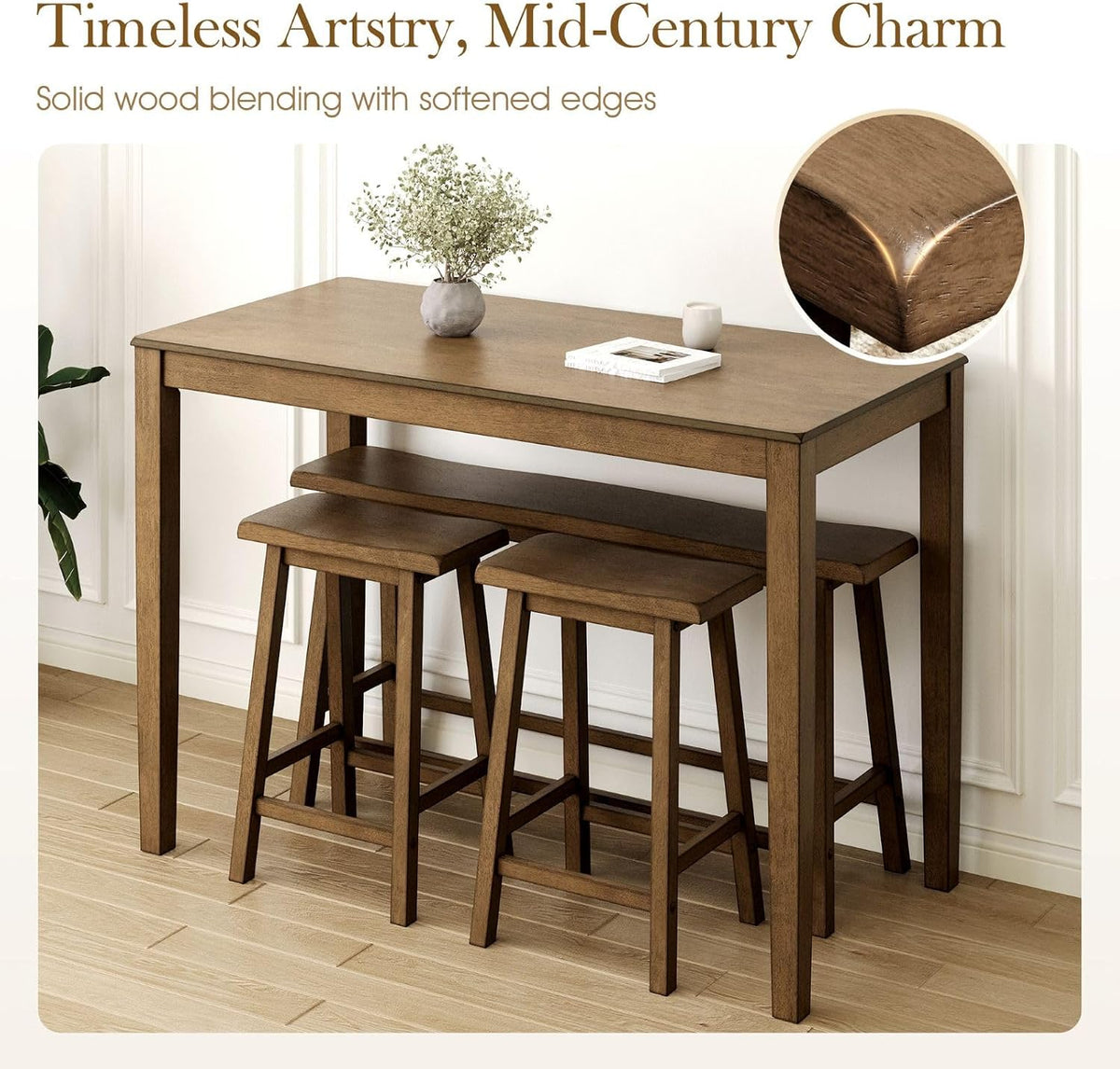 Front view of counter-height table with three stools tucked under and rounded tabletop corners