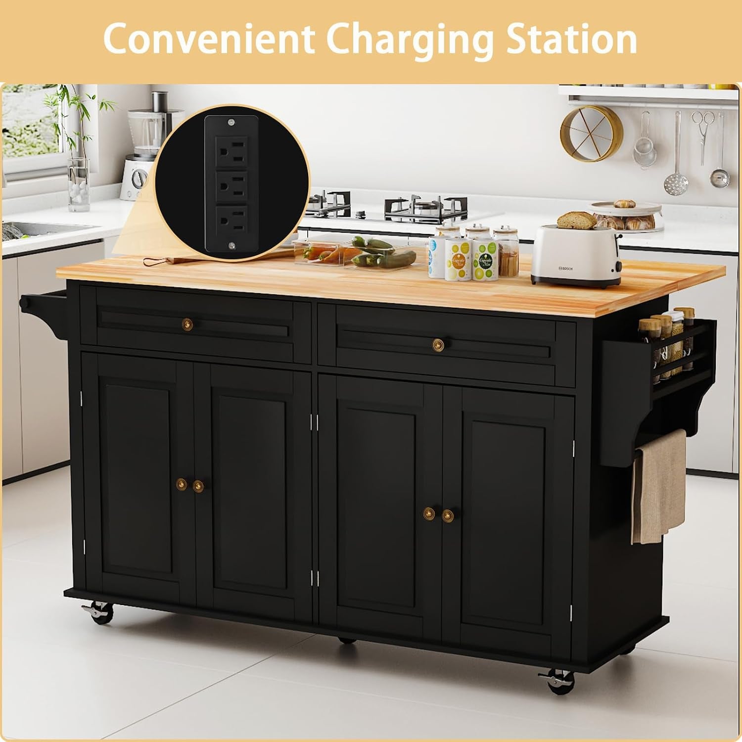 Angled view highlighting the rubber wood countertop and the built-in three-outlet charging station inset on the cart's side