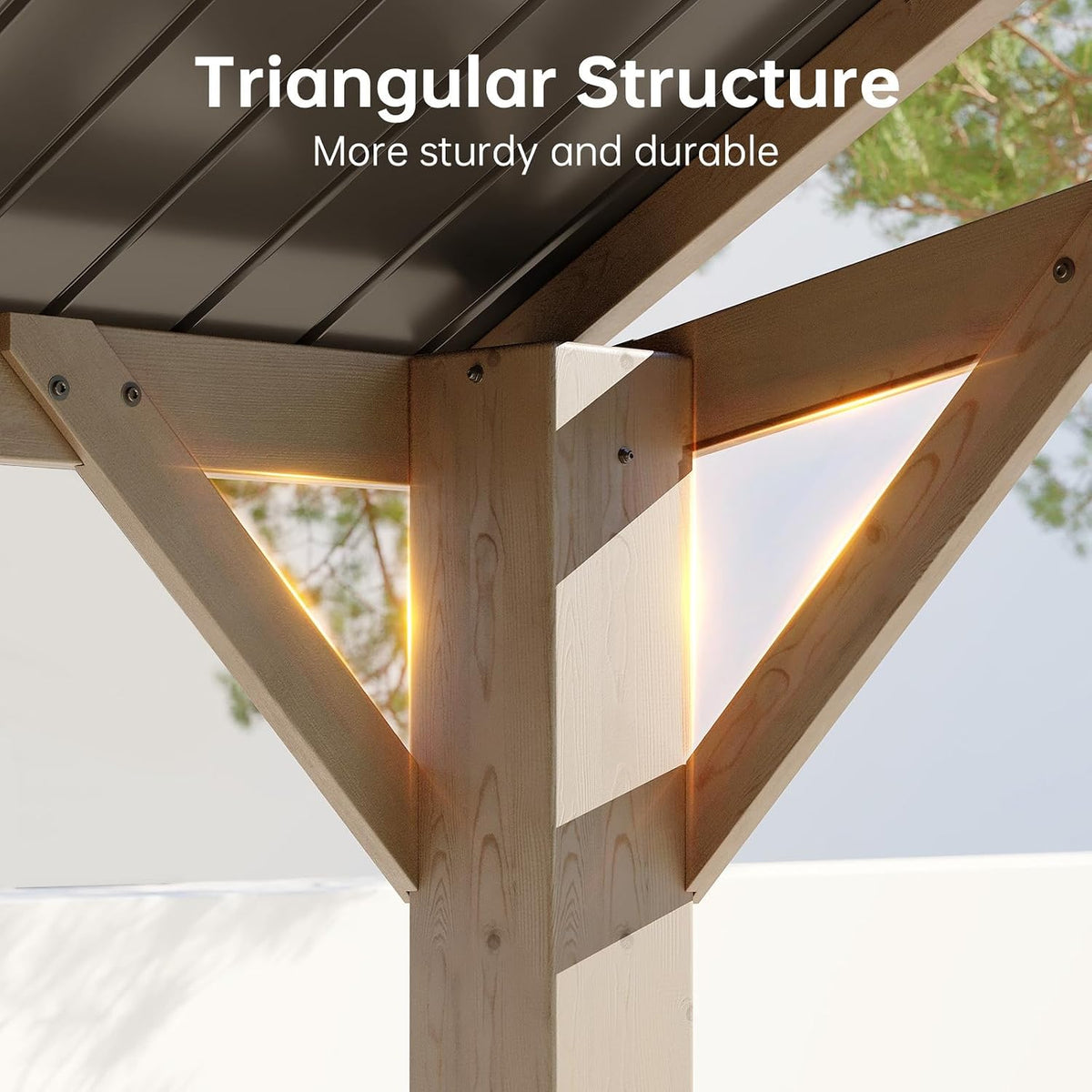 Close-up of triangular wood brace and cedar post showing joinery beneath the steel roof