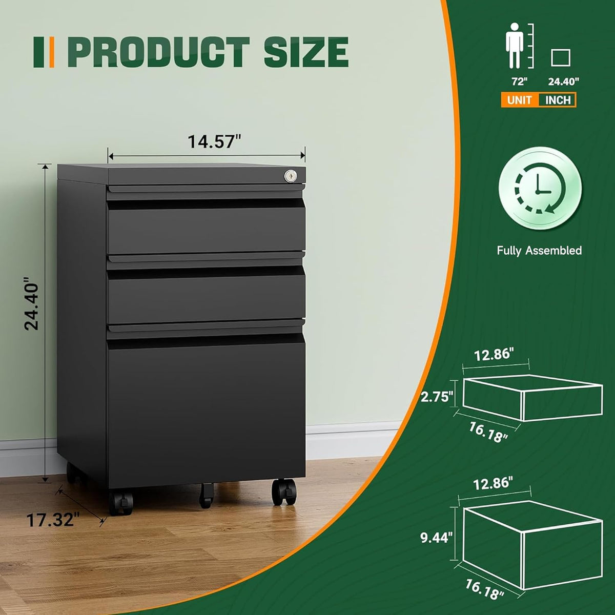 Black mobile file cabinet shown with dimension overlays 14.57 × 17.32 × 24.40 inches