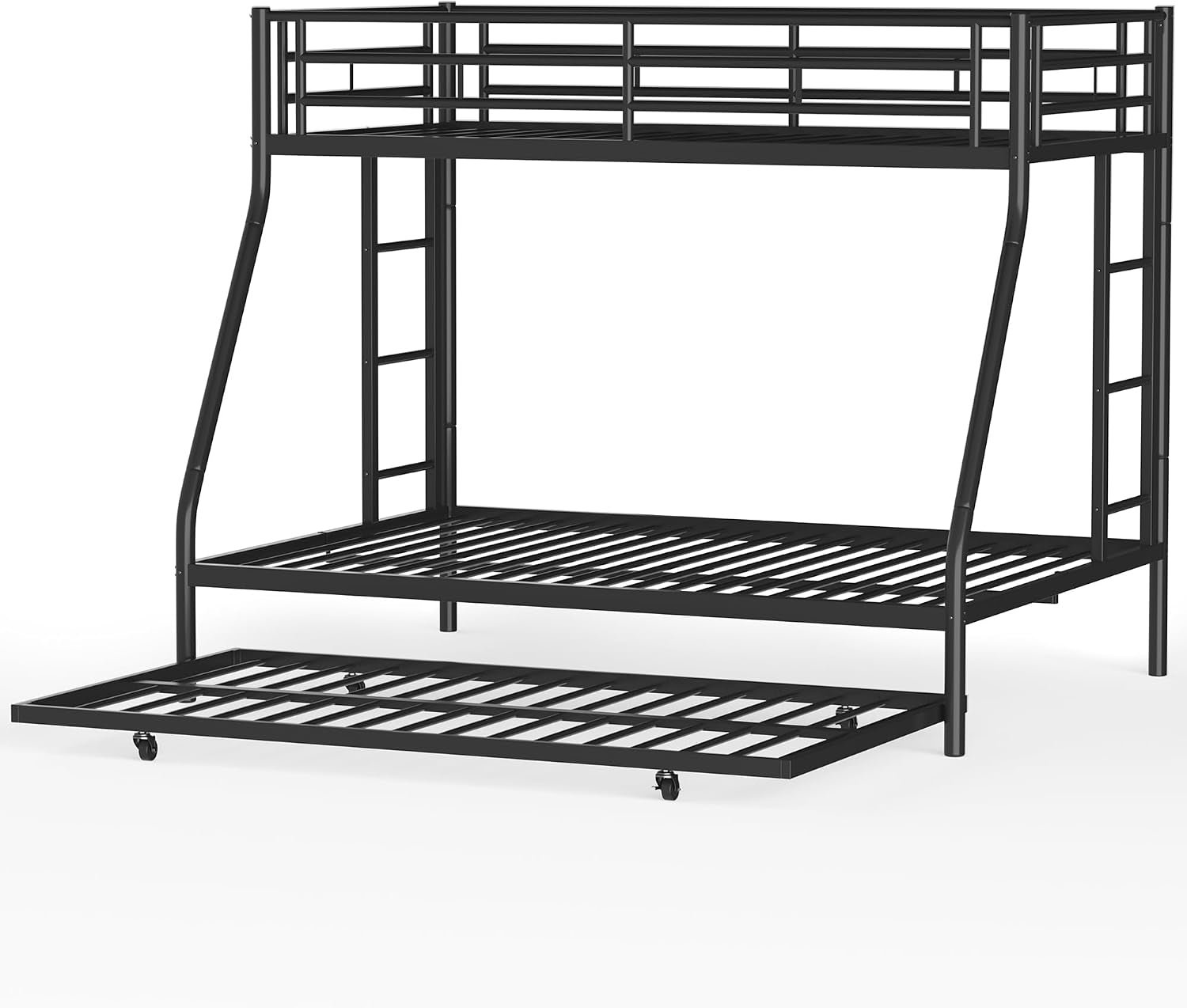 Black metal twin-over-full bunk bed with trundle extended on a white background.