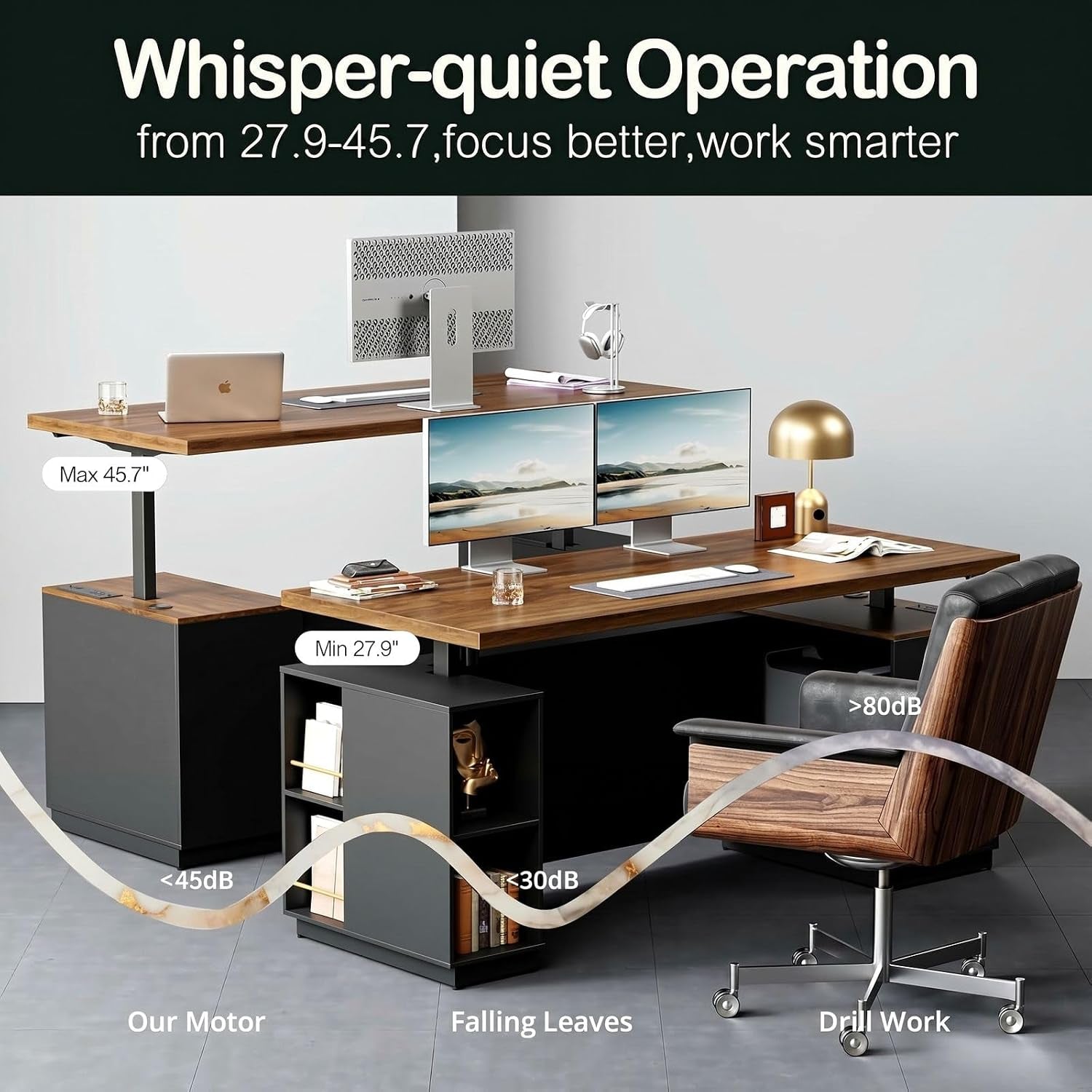 Room view of the L-shaped desk showing minimum and maximum height positions with a chair beside the workstation