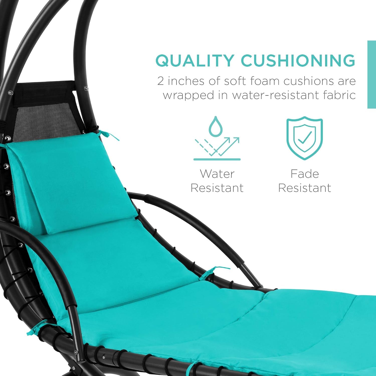 Close-up of teal cushioned chaise lounge showing built-in pillow and black curved steel frame.