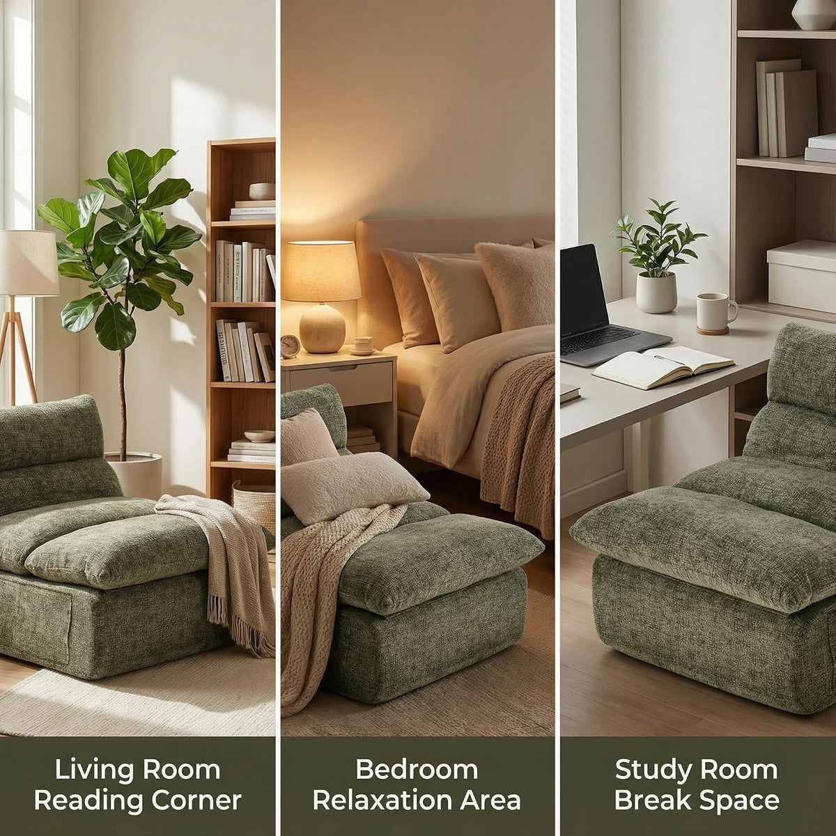 Three stacked lifestyle views of the olive green floor chair placed in living room, bedroom, and study settings
